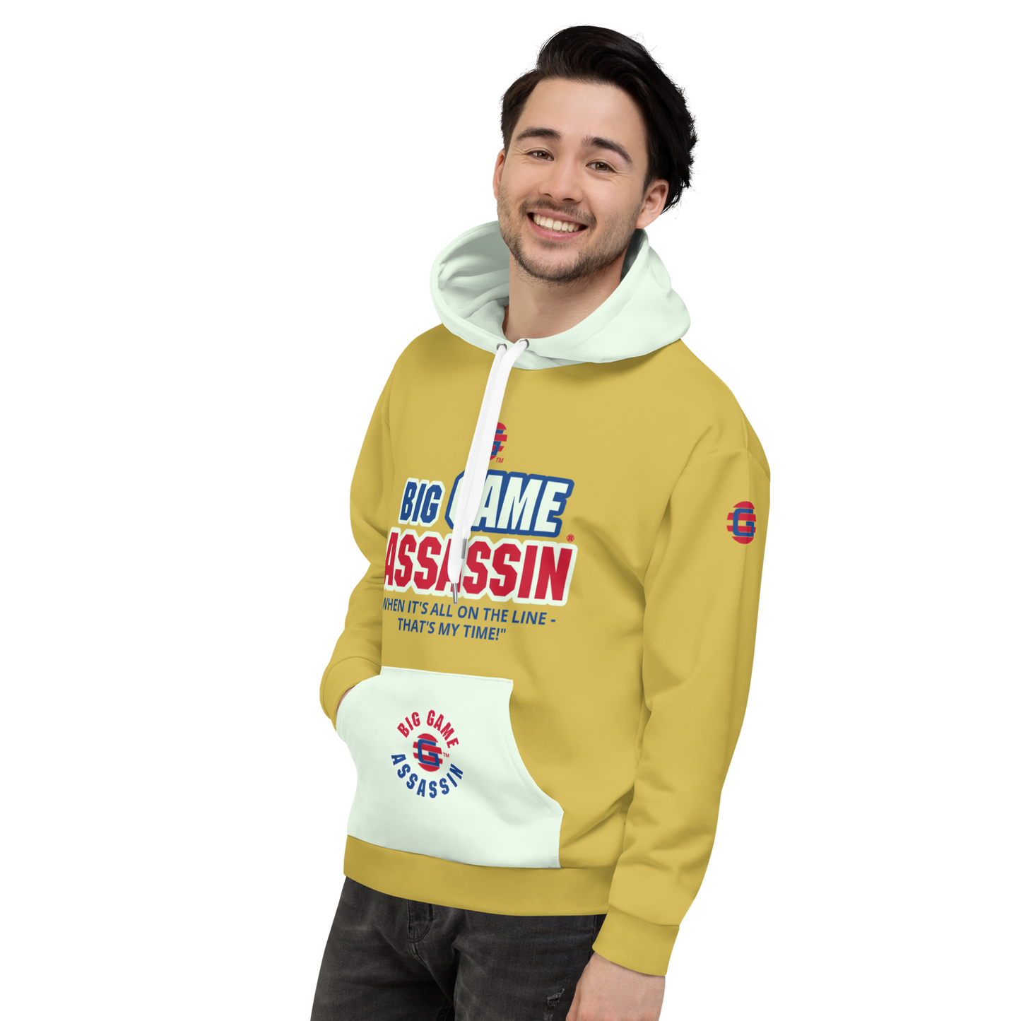 BIG GAME ASSASSIN ® Unisex Hoodie. Old gold+Honeydew