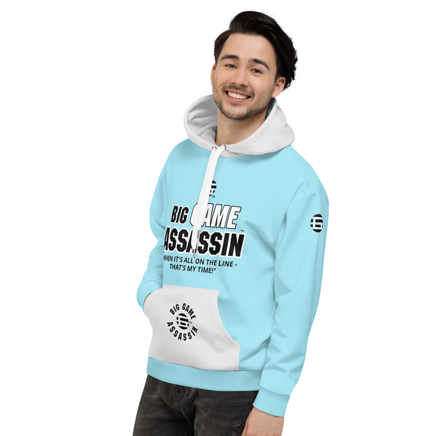 BIG GAME ASSASSIN ® (B.G.A.) Unisex Hoodie. Blizzard blue+Whisper