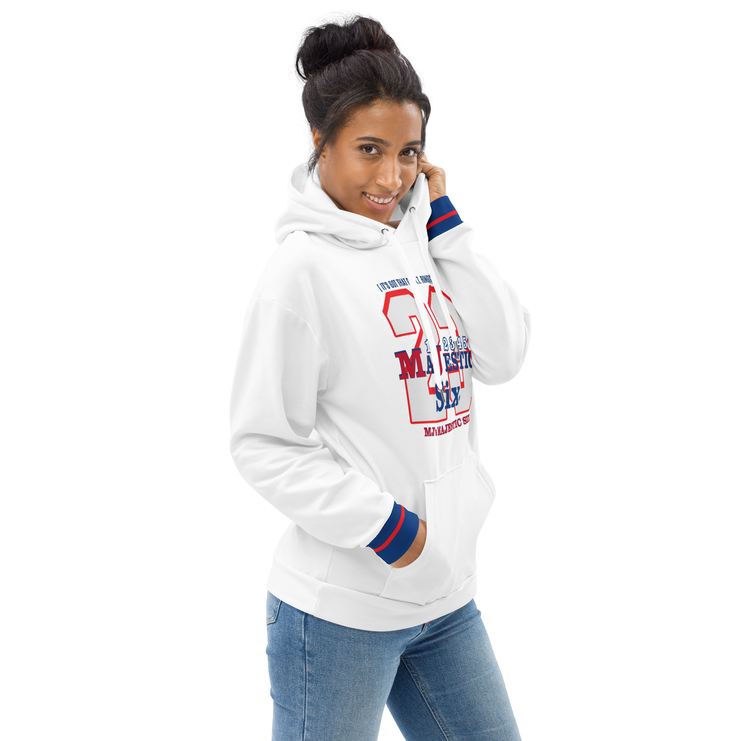 MAJESTIC SIX® (MJ's 23) " IT'S GOT THAT G.O.A.T. RING TO IT" UNISEX HOODIE (White). Sizes XS - 3XL.