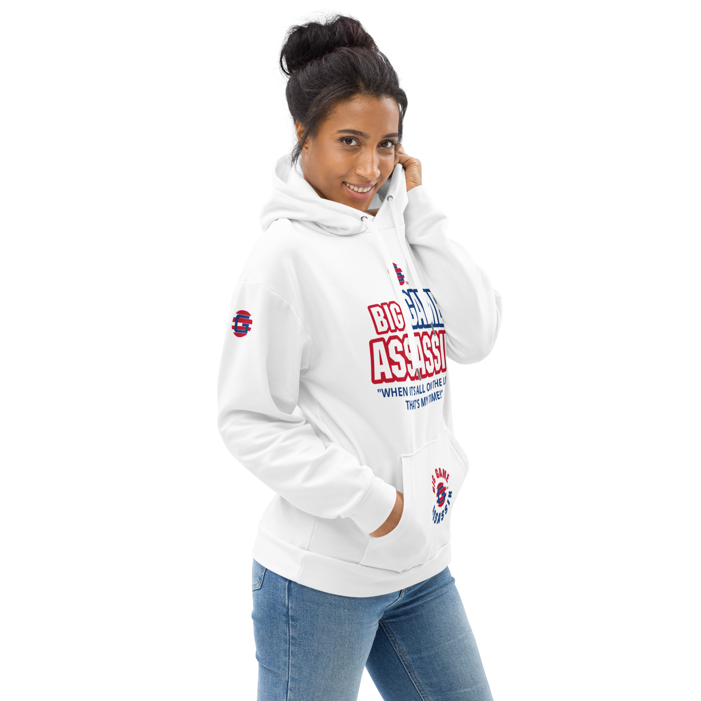 BIG GAME ASSASSIN ® Unisex Hoodie. White+(red and blue logo).