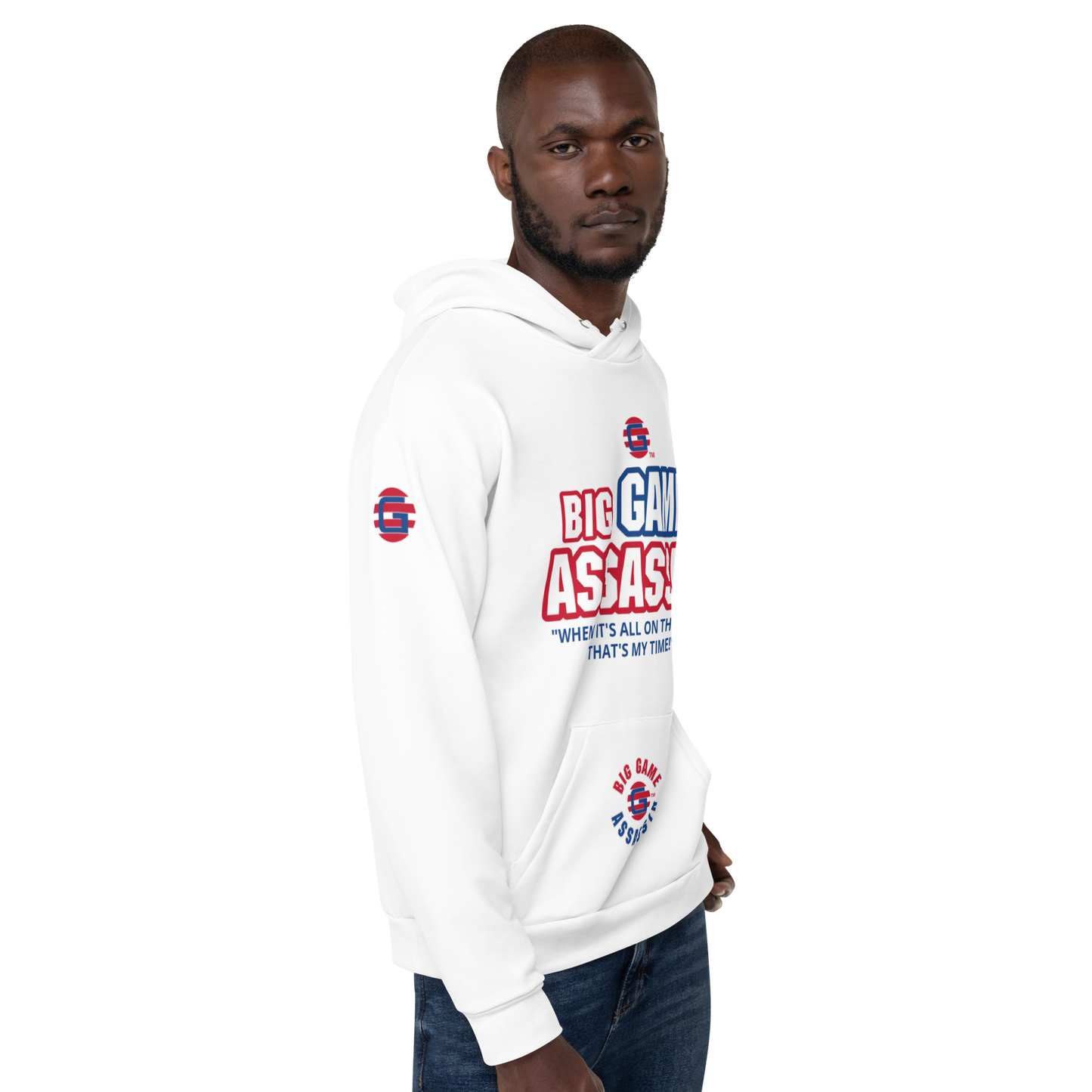 BIG GAME ASSASSIN ® Unisex Hoodie. White+(red and blue logo).