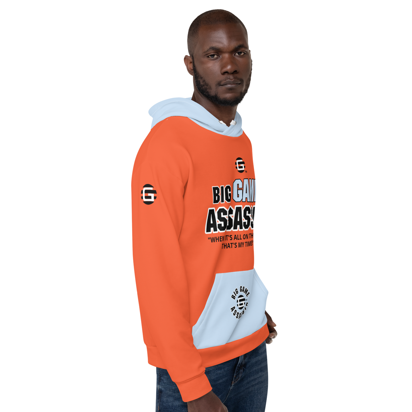 BIG GAME ASSASSIN ® (B.G.A.) Unisex Hoodie. Orange+Pattens blue