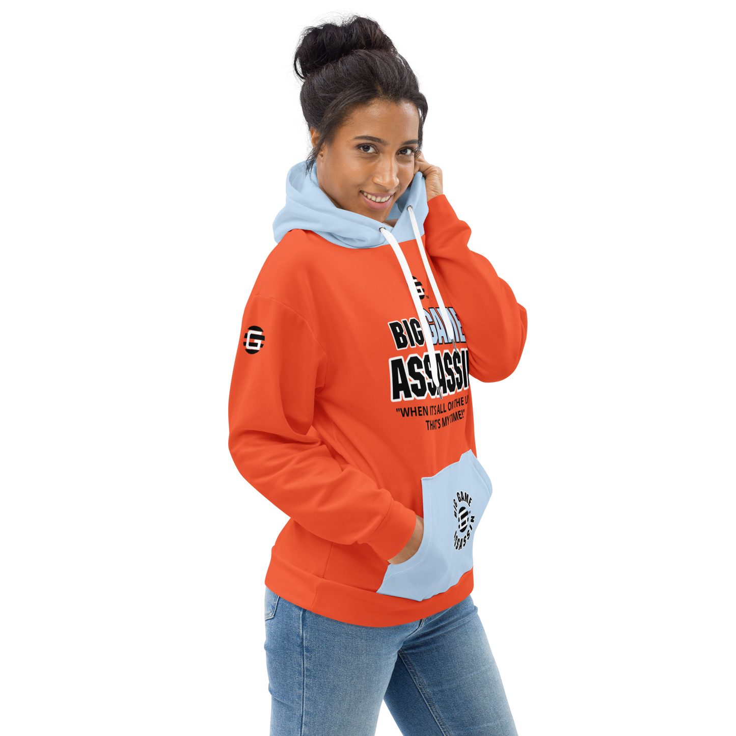 BIG GAME ASSASSIN ® (B.G.A.) Unisex Hoodie. Orange+Pattens blue