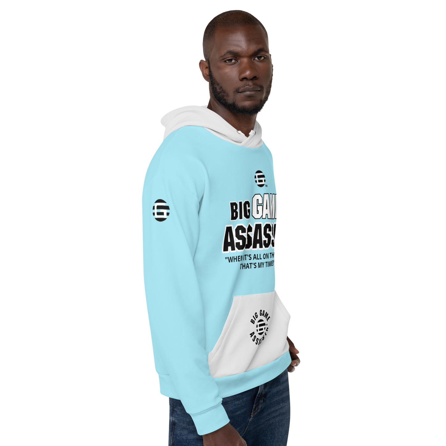 BIG GAME ASSASSIN ® (B.G.A.) Unisex Hoodie. Blizzard blue+Whisper