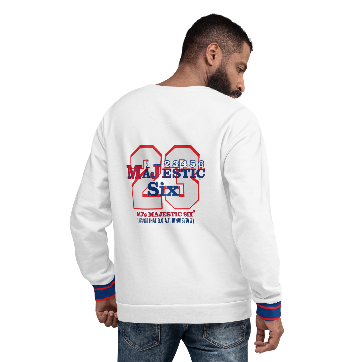 MAJESTIC SIX® (MJ's G.O.A.T.) Unisex Sweatshirt . White body+(white sleeves with red and blue design). Sizes XS - 3XL.