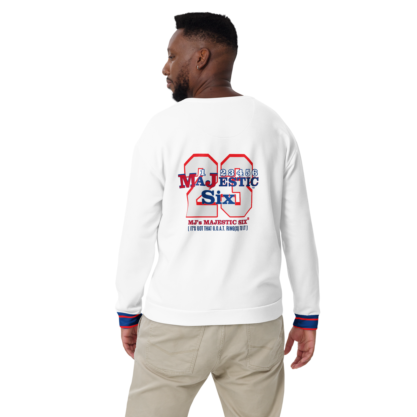 MAJESTIC SIX® (MJ's G.O.A.T.) Unisex Sweatshirt . White body+(white sleeves with red and blue design). Sizes XS - 3XL.