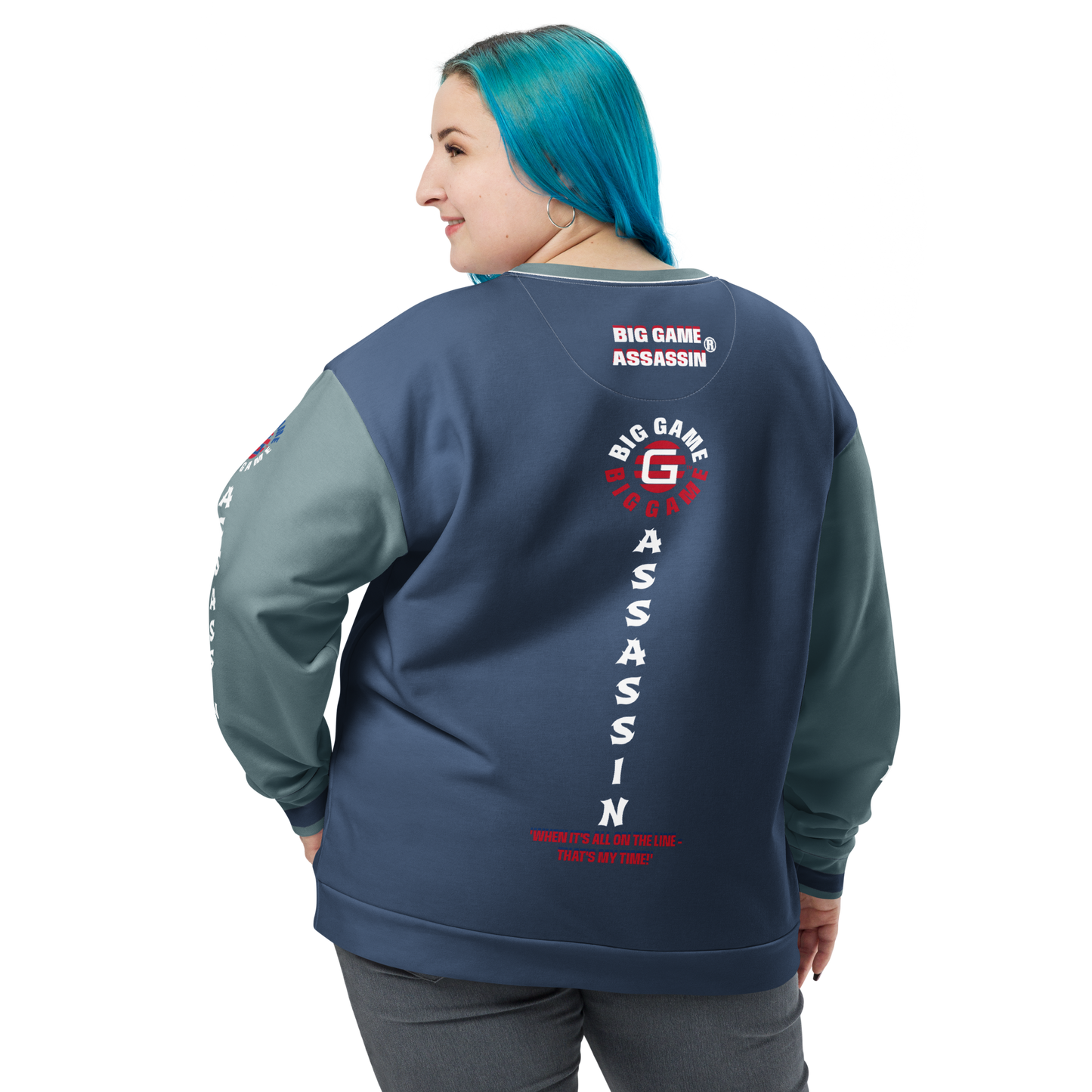 BIG GAME ASSASSIN® (O/S) Unisex Sweatshirt. Cello+Gothic sleeves with red+royal blue logo. Sizes XS- 3XL.