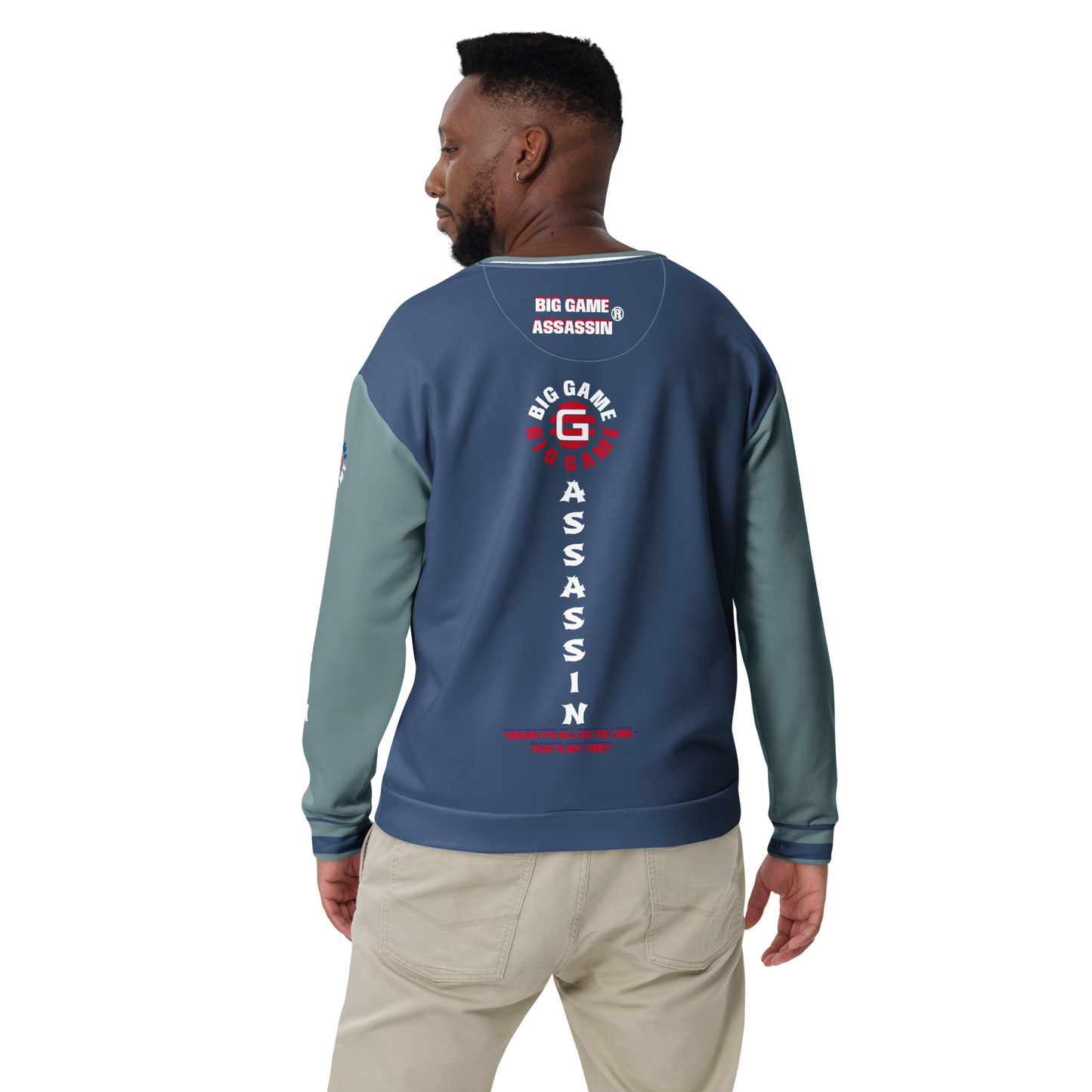 BIG GAME ASSASSIN® (O/S) Unisex Sweatshirt. Cello+Gothic sleeves with red+royal blue logo. Sizes XS- 3XL.