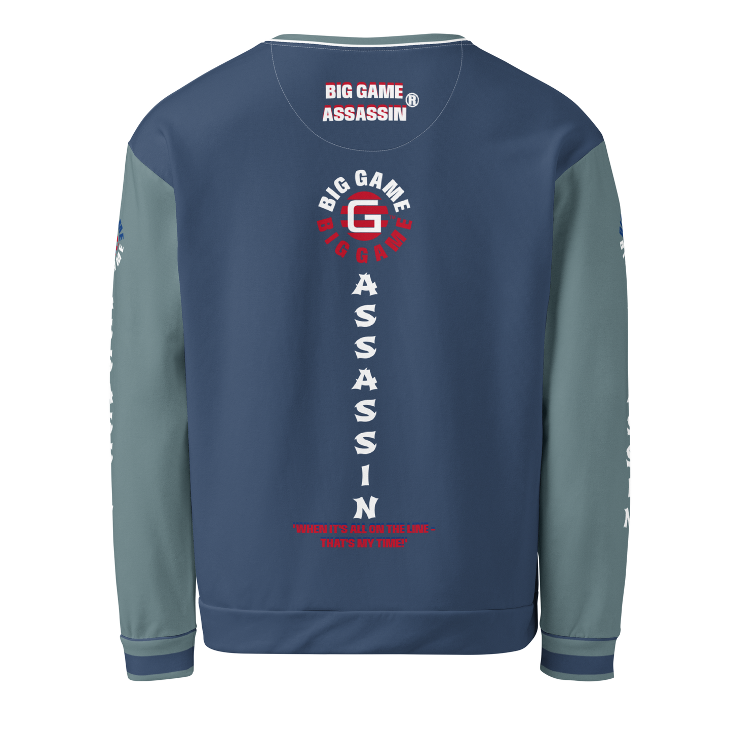 BIG GAME ASSASSIN® (O/S) Unisex Sweatshirt. Cello+Gothic sleeves with red+royal blue logo. Sizes XS- 3XL.