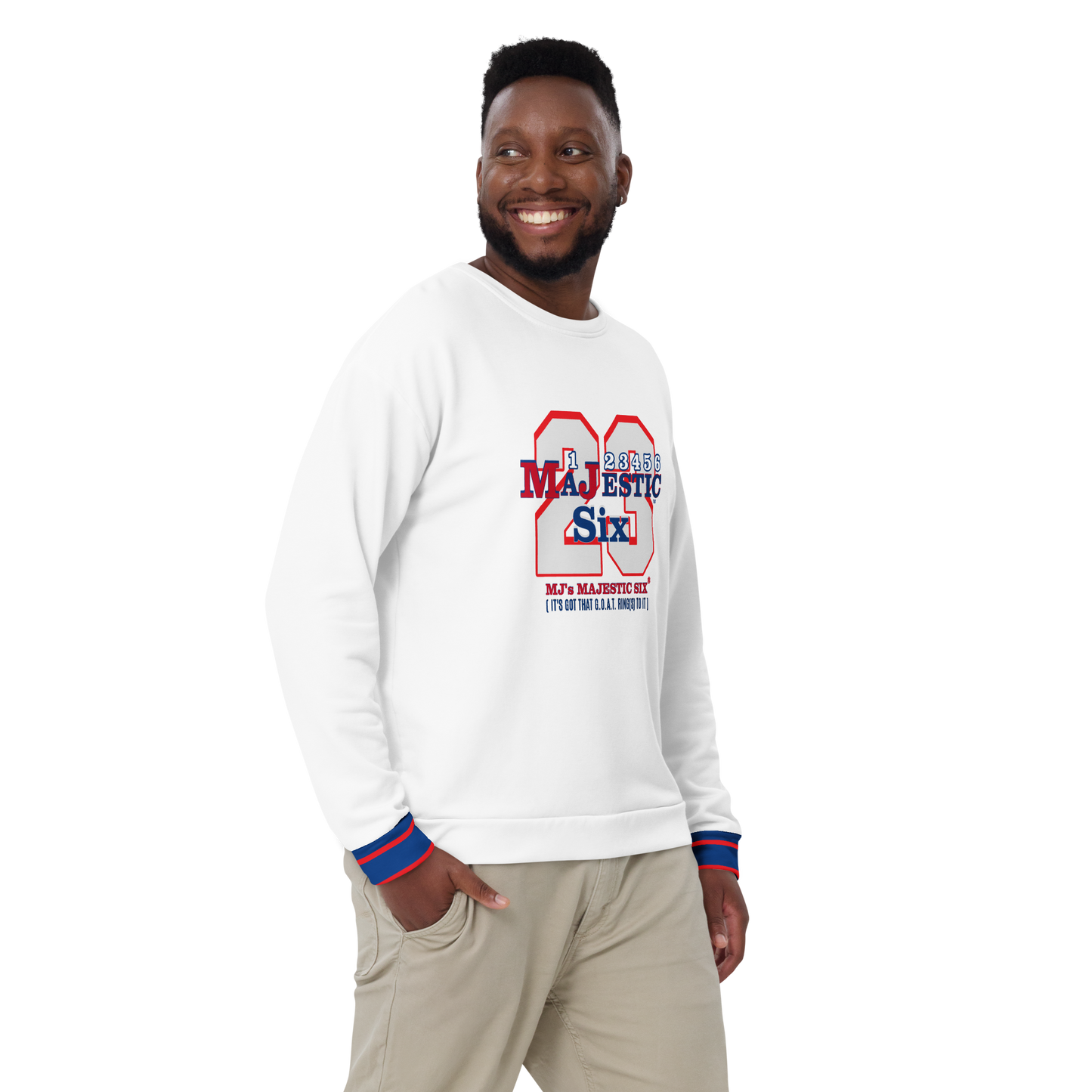 MAJESTIC SIX® (MJ's G.O.A.T.) Unisex Sweatshirt . White body+(white sleeves with red and blue design). Sizes XS - 3XL.