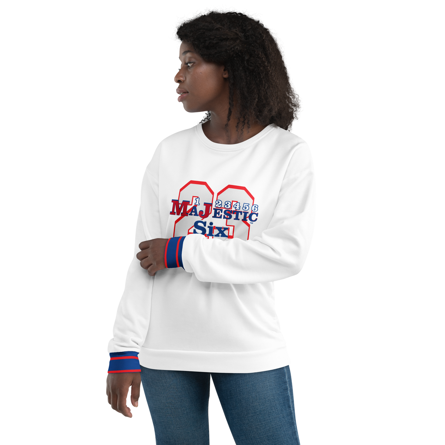 MAJESTIC SIX® (MJ's G.O.A.T.) Unisex Sweatshirt . White body+(white sleeves with red and blue design). Sizes XS - 3XL.