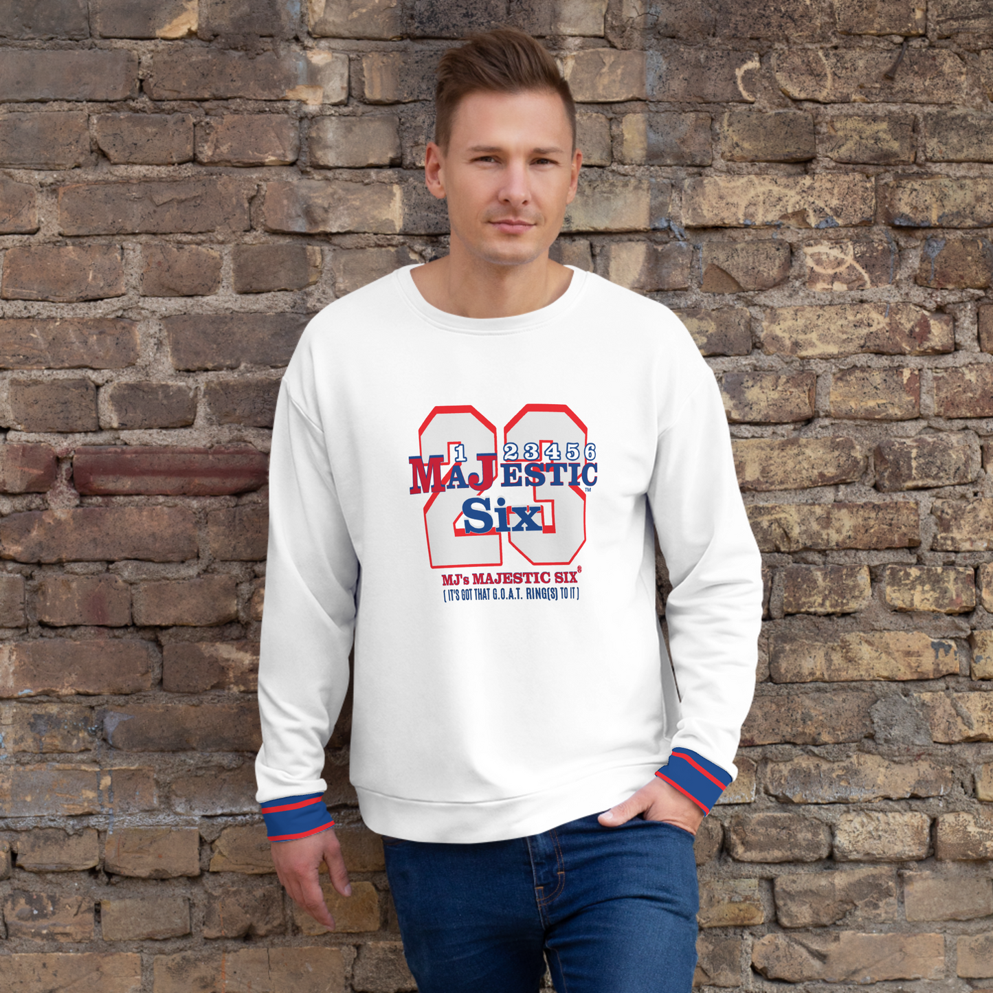MAJESTIC SIX® (MJ's G.O.A.T.) Unisex Sweatshirt . White body+(white sleeves with red and blue design). Sizes XS - 3XL.