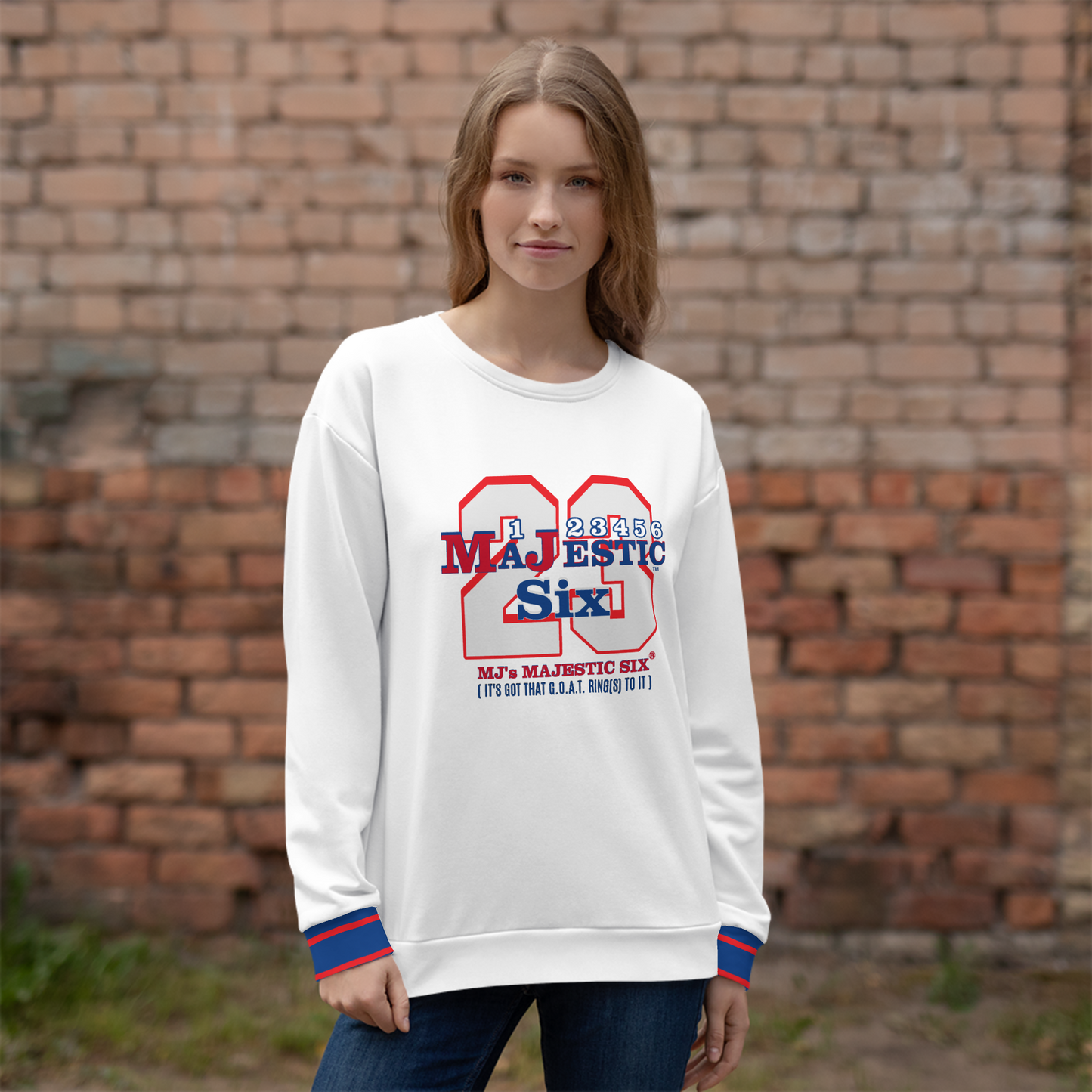MAJESTIC SIX® (MJ's G.O.A.T.) Unisex Sweatshirt . White body+(white sleeves with red and blue design). Sizes XS - 3XL.