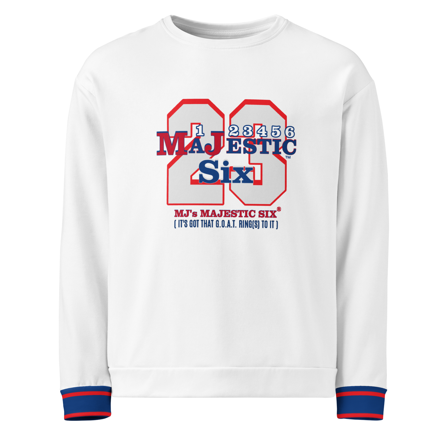 MAJESTIC SIX® (MJ's G.O.A.T.) Unisex Sweatshirt . White body+(white sleeves with red and blue design). Sizes XS - 3XL.