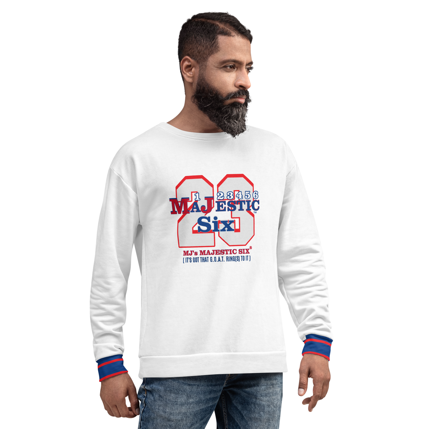 MAJESTIC SIX® (MJ's G.O.A.T.) Unisex Sweatshirt . White body+(white sleeves with red and blue design). Sizes XS - 3XL.
