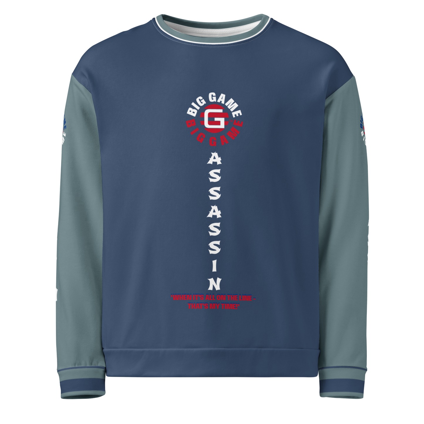 BIG GAME ASSASSIN® (O/S) Unisex Sweatshirt. Cello+Gothic sleeves with red+royal blue logo. Sizes XS- 3XL.