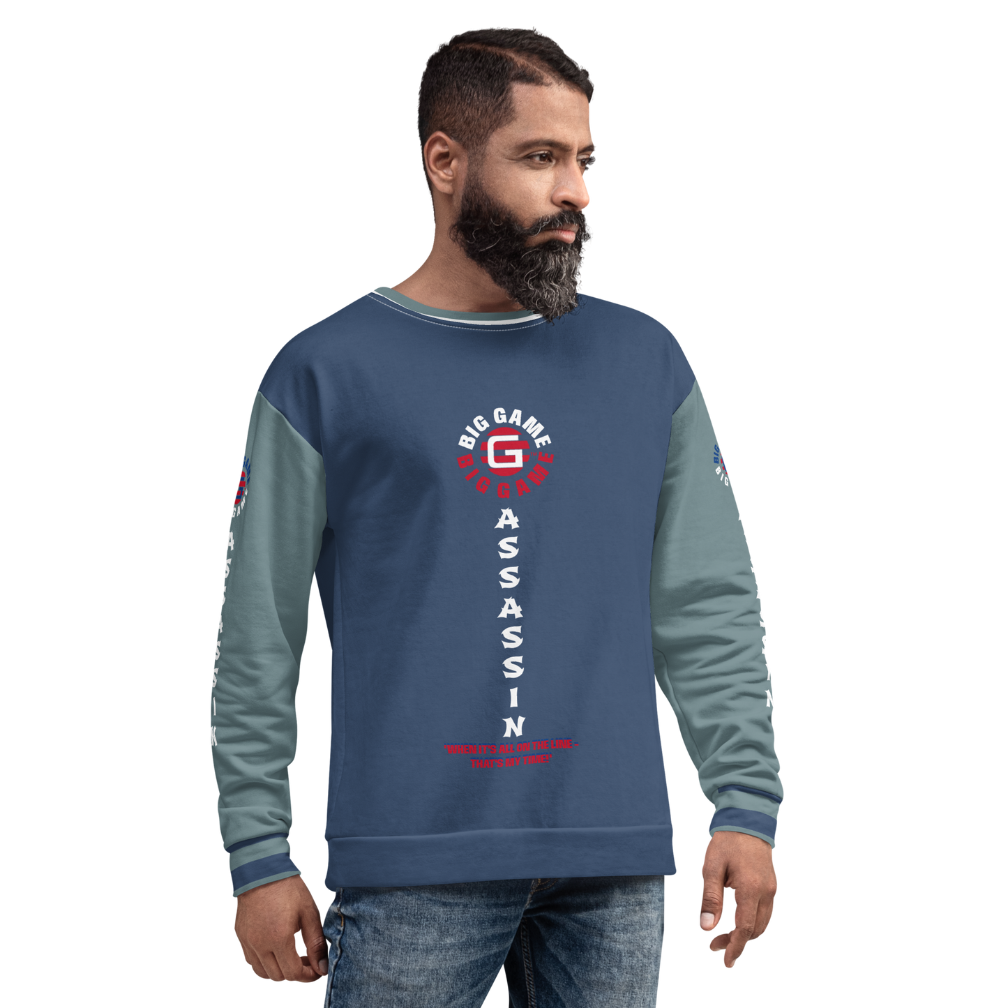 BIG GAME ASSASSIN® (O/S) Unisex Sweatshirt. Cello+Gothic sleeves with red+royal blue logo. Sizes XS- 3XL.