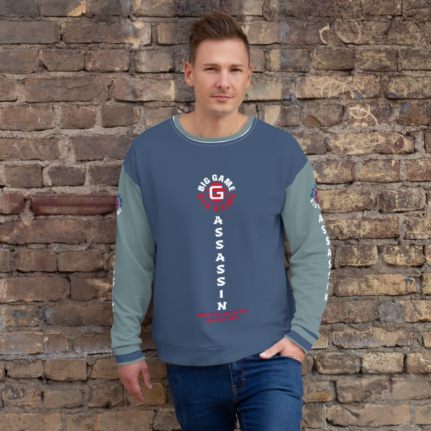BIG GAME ASSASSIN® (O/S) Unisex Sweatshirt. Cello+Gothic sleeves with red+royal blue logo. Sizes XS- 3XL.
