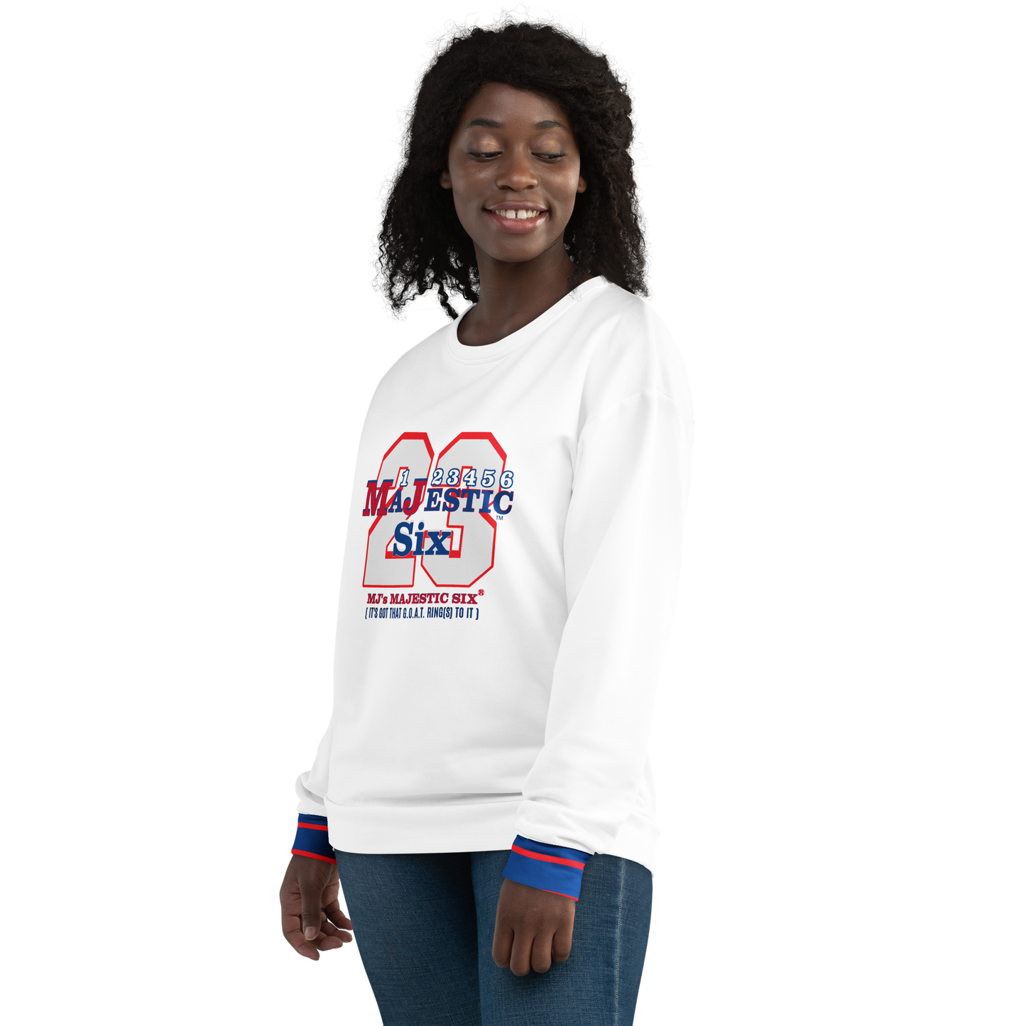 MAJESTIC SIX® (MJ's G.O.A.T.) Unisex Sweatshirt . White body+(white sleeves with red and blue design). Sizes XS - 3XL.