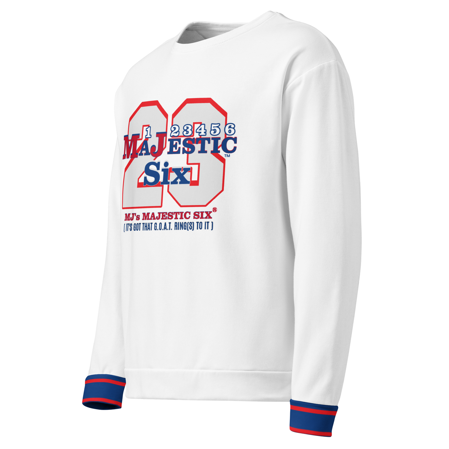 MAJESTIC SIX® (MJ's G.O.A.T.) Unisex Sweatshirt . White body+(white sleeves with red and blue design). Sizes XS - 3XL.