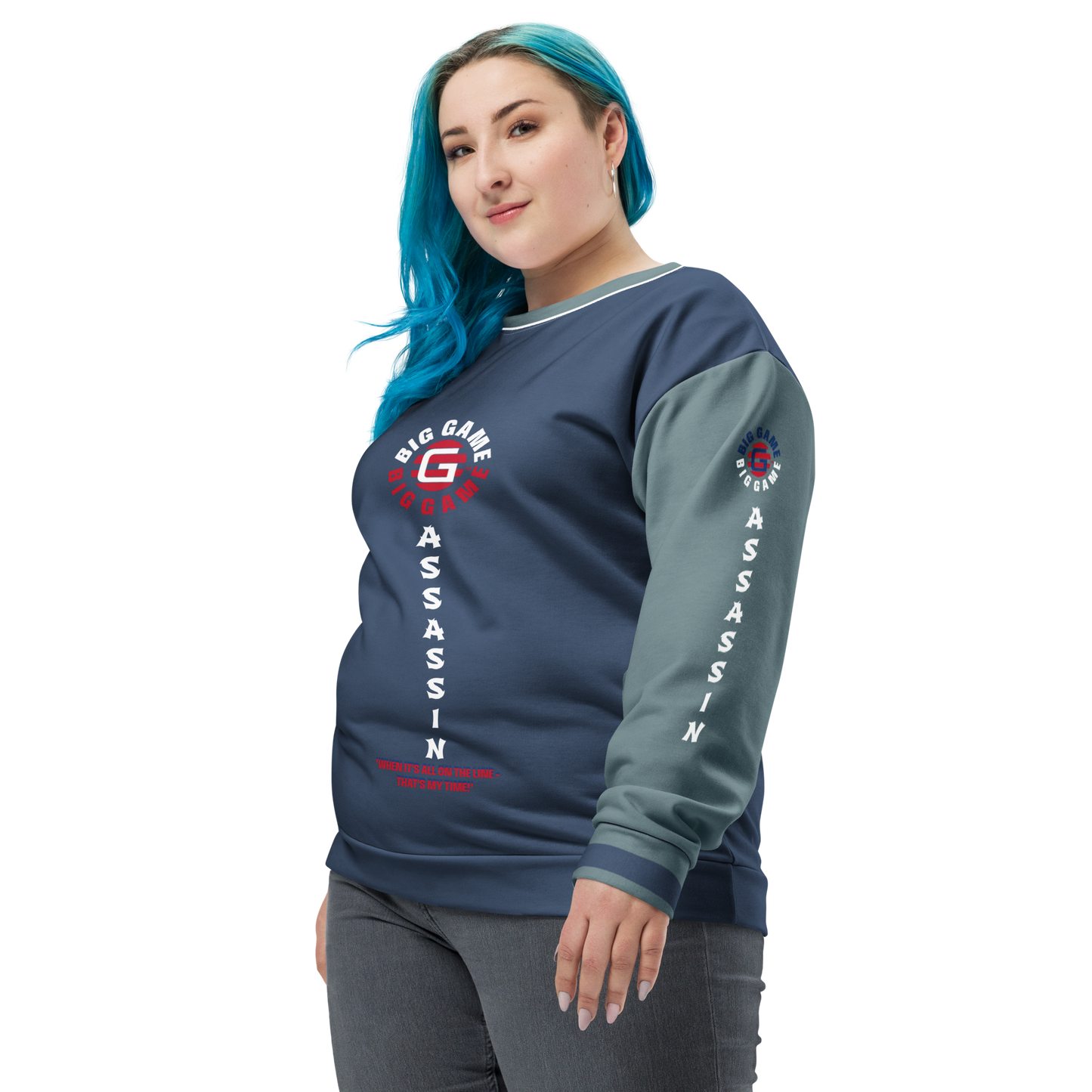 BIG GAME ASSASSIN® (O/S) Unisex Sweatshirt. Cello+Gothic sleeves with red+royal blue logo. Sizes XS- 3XL.