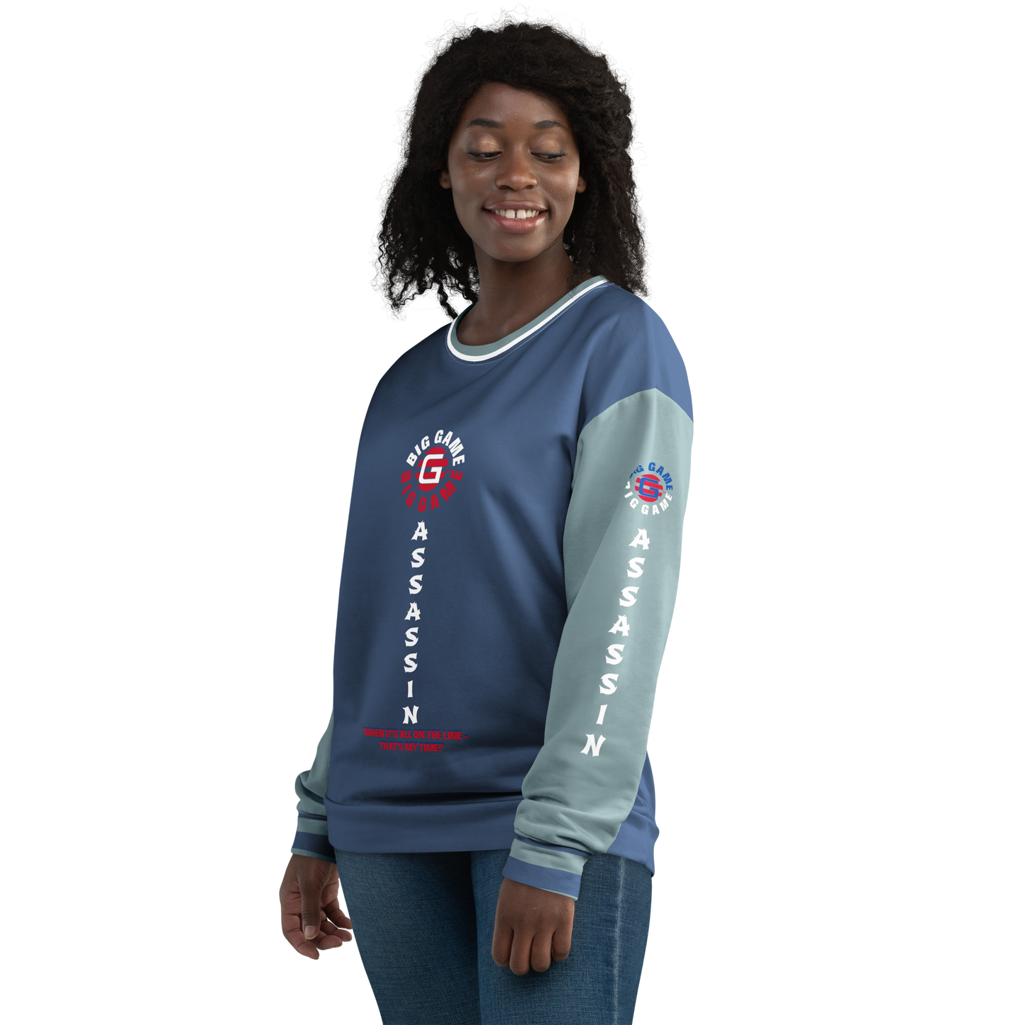 BIG GAME ASSASSIN® (O/S) Unisex Sweatshirt. Cello+Gothic sleeves with red+royal blue logo. Sizes XS- 3XL.