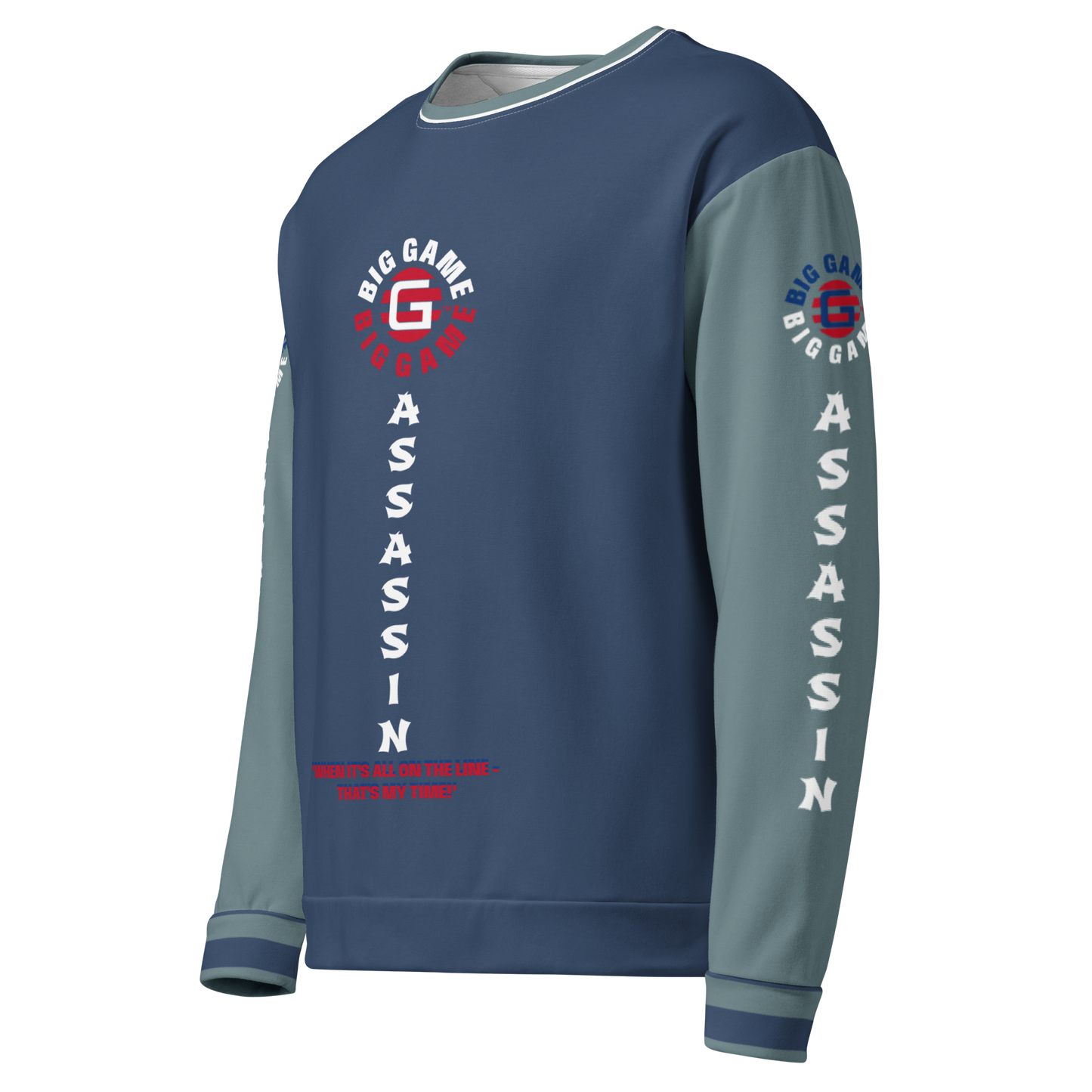 BIG GAME ASSASSIN® (O/S) Unisex Sweatshirt. Cello+Gothic sleeves with red+royal blue logo. Sizes XS- 3XL.