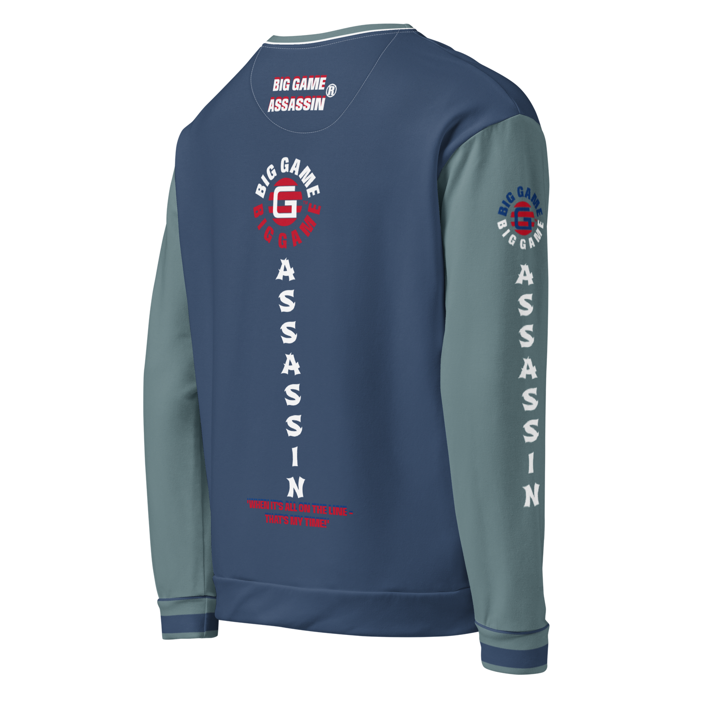 BIG GAME ASSASSIN® (O/S) Unisex Sweatshirt. Cello+Gothic sleeves with red+royal blue logo. Sizes XS- 3XL.