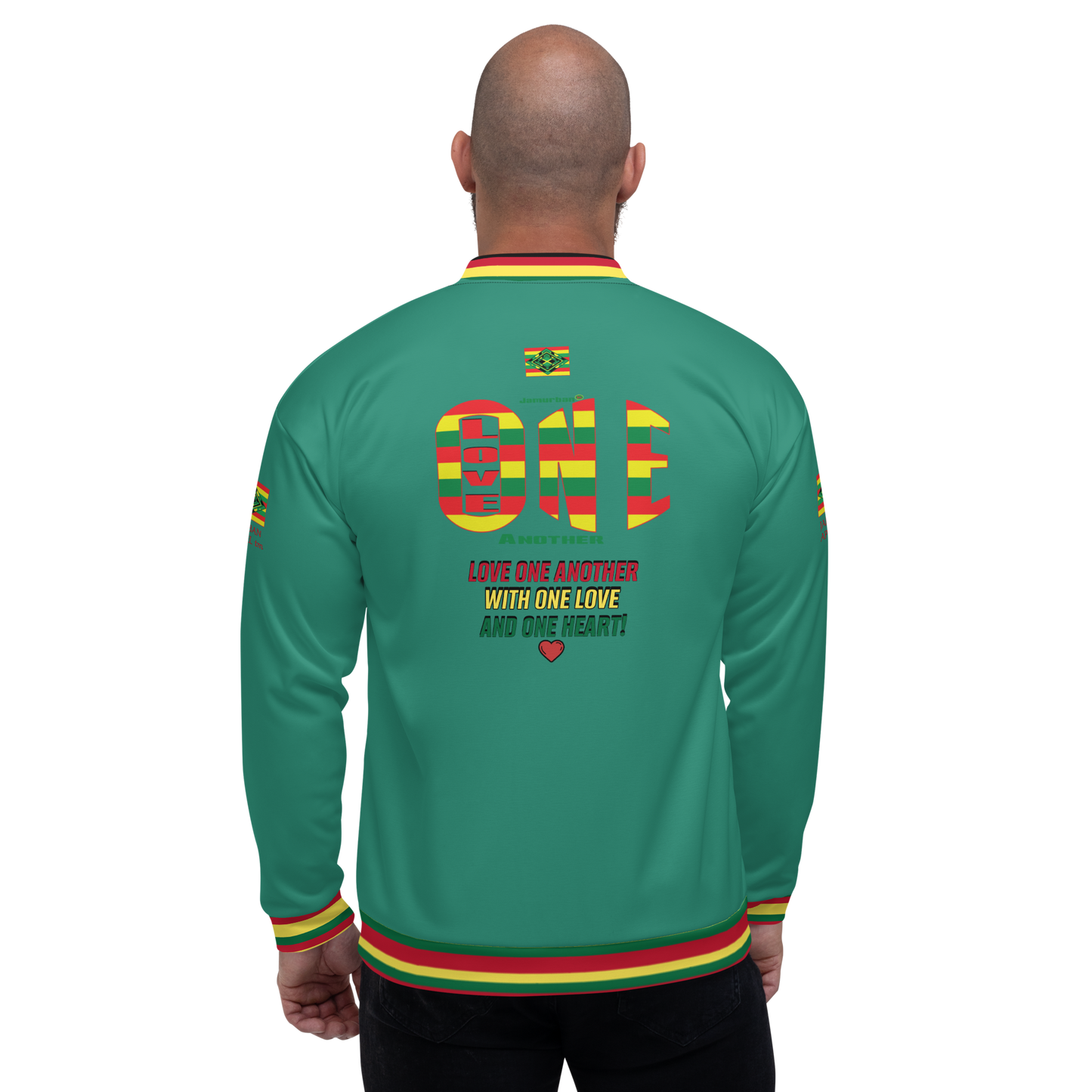 LOA's " LOVE ONE ANOTHER" Unisex Bomber Jacket (Elf Green with red, green and yellow stripes). Sizes XS - 3XL.