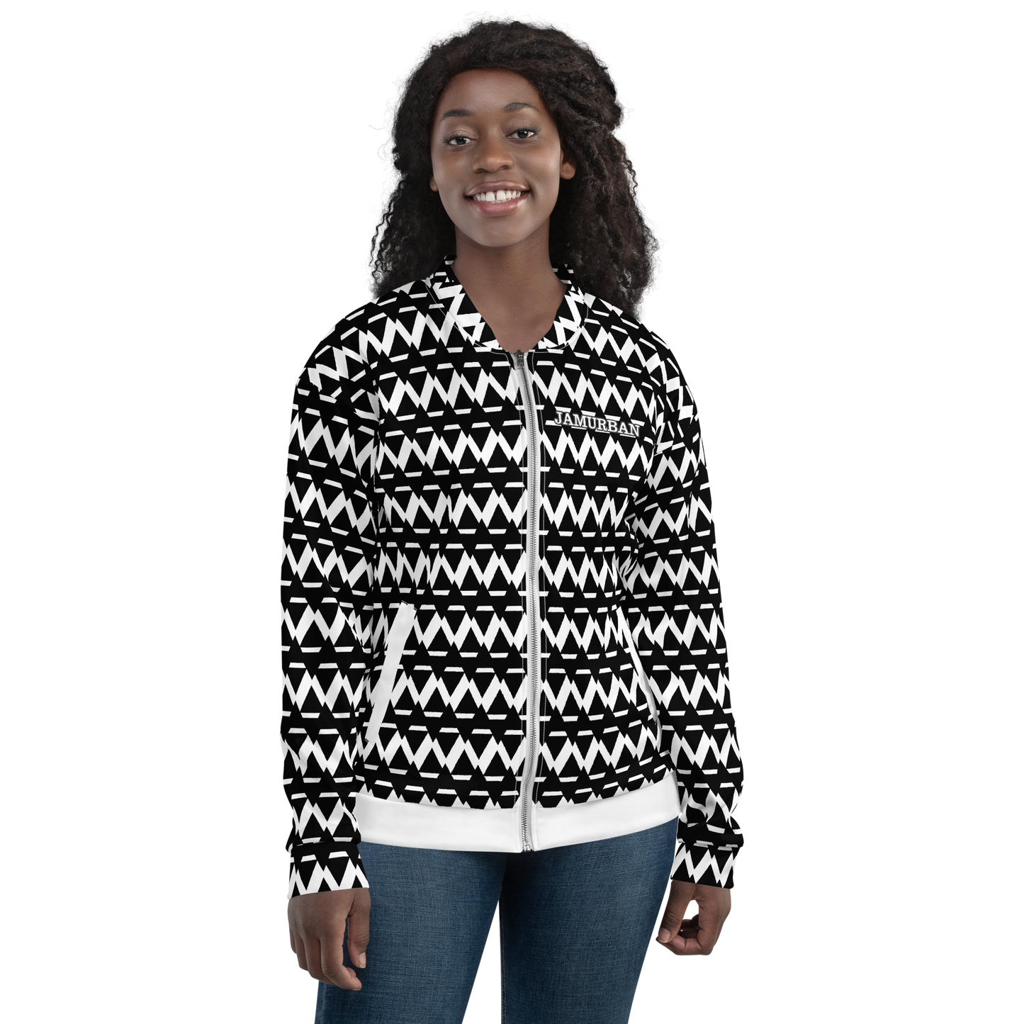 JAMURBAN "SHARP EDGES" Lightweight Unisex Bomber Jacket (Black+White).