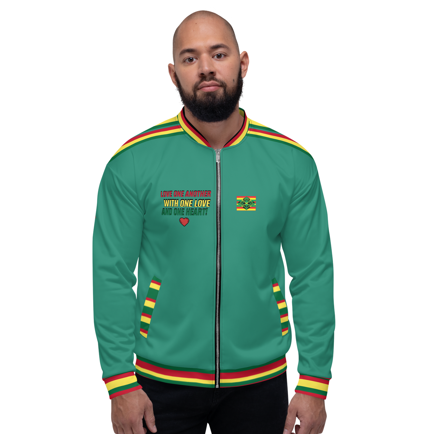 LOA's " LOVE ONE ANOTHER" Unisex Bomber Jacket (Elf Green with red, green and yellow stripes). Sizes XS - 3XL.