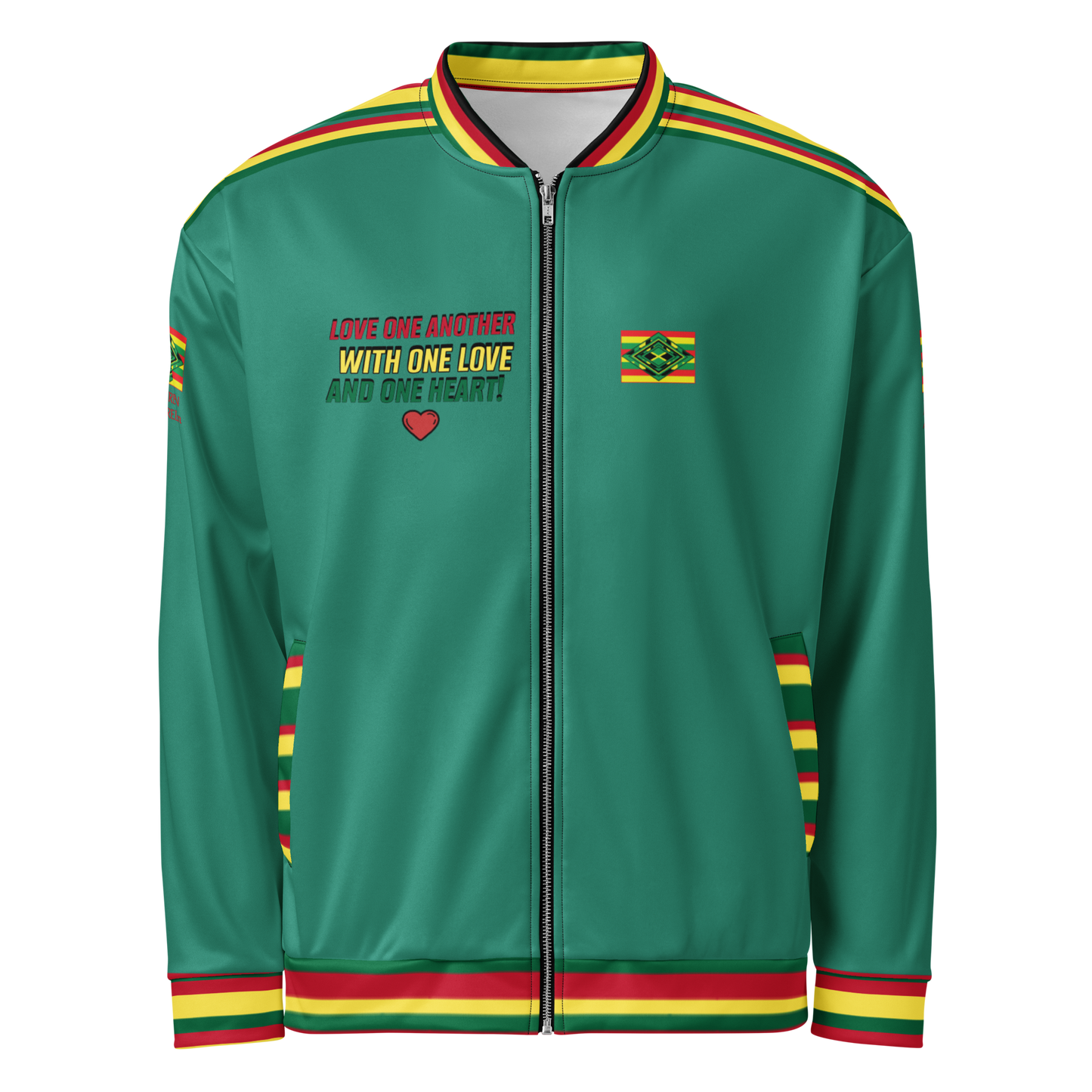 LOA's " LOVE ONE ANOTHER" Unisex Bomber Jacket (Elf Green with red, green and yellow stripes). Sizes XS - 3XL.