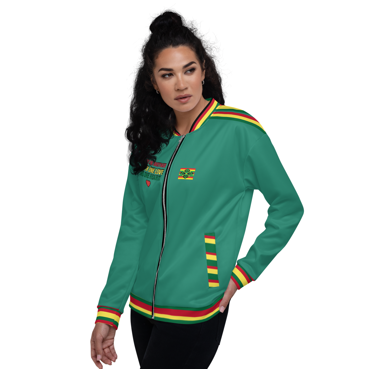 LOA's " LOVE ONE ANOTHER" Unisex Bomber Jacket (Elf Green with red, green and yellow stripes). Sizes XS - 3XL.