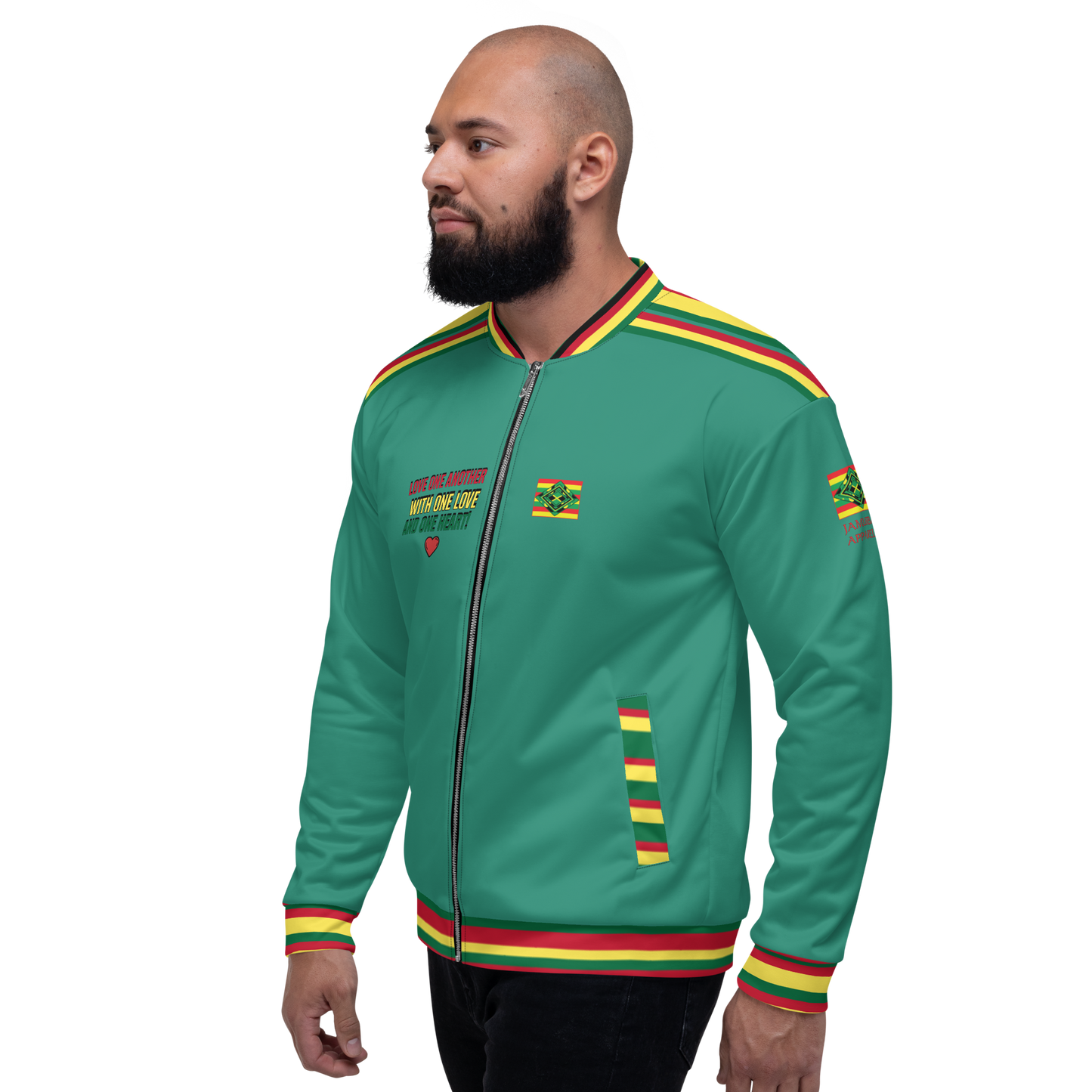 LOA's " LOVE ONE ANOTHER" Unisex Bomber Jacket (Elf Green with red, green and yellow stripes). Sizes XS - 3XL.