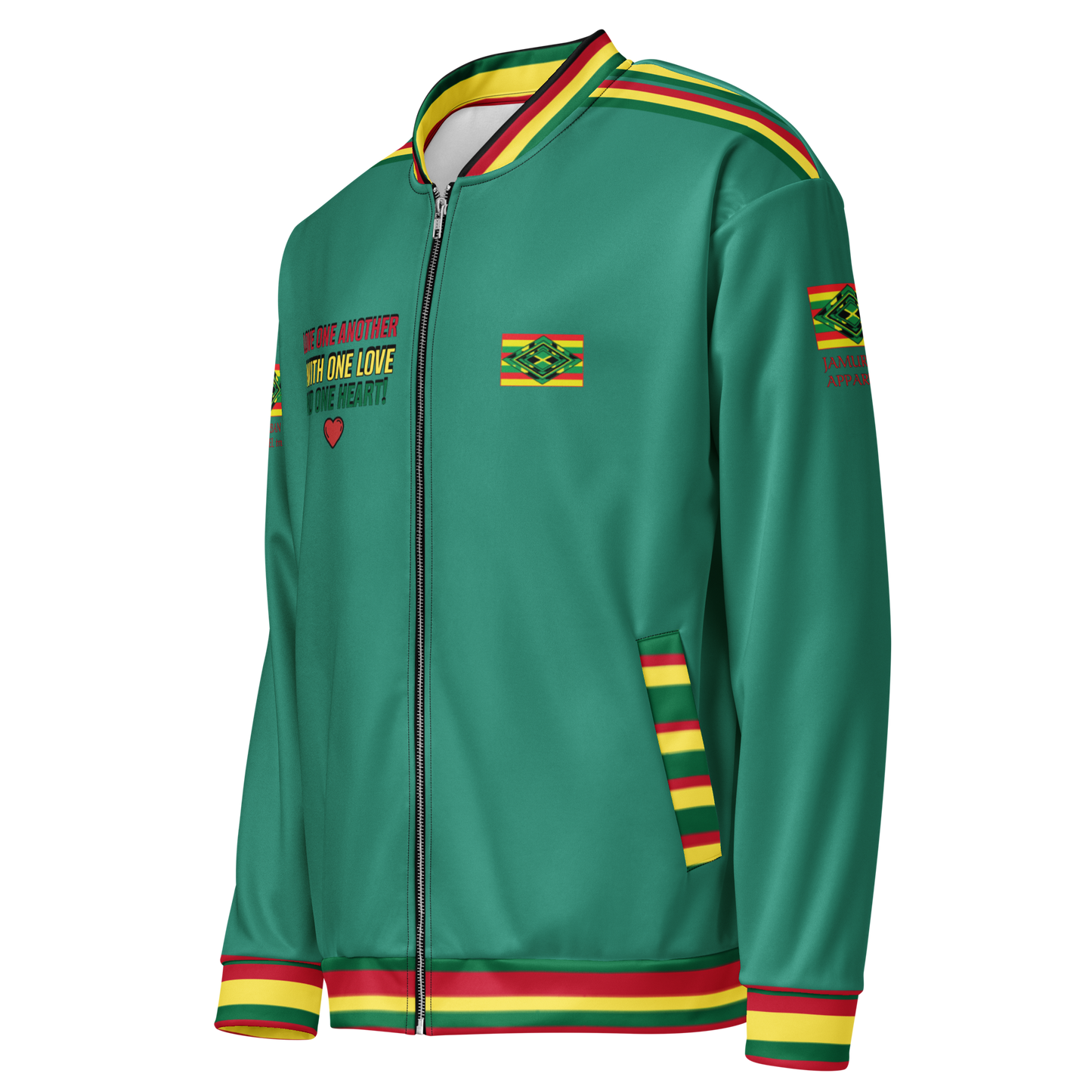 LOA's " LOVE ONE ANOTHER" Unisex Bomber Jacket (Elf Green with red, green and yellow stripes). Sizes XS - 3XL.