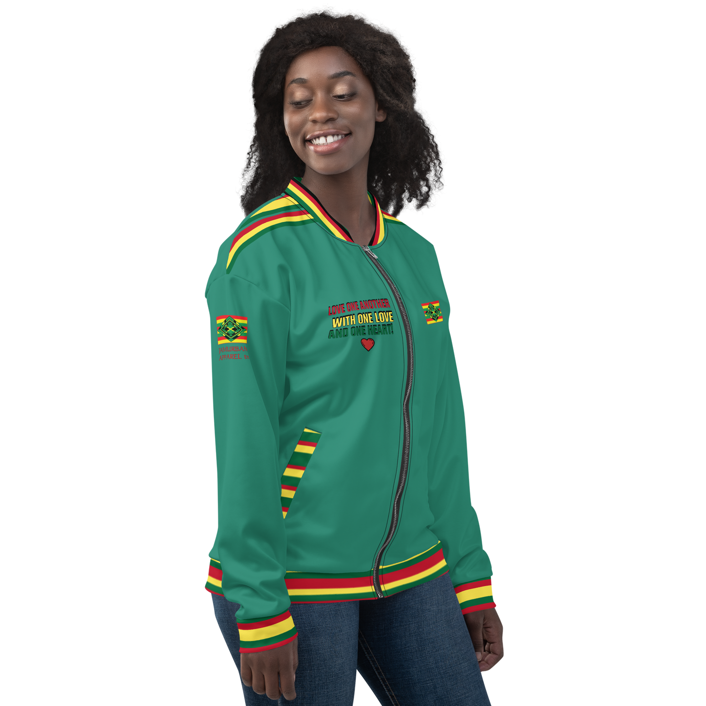 LOA's " LOVE ONE ANOTHER" Unisex Bomber Jacket (Elf Green with red, green and yellow stripes). Sizes XS - 3XL.