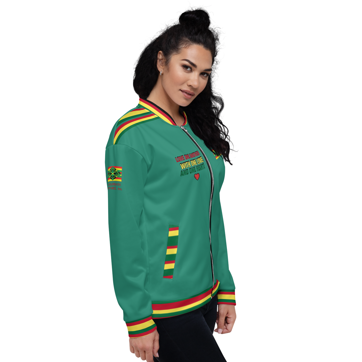 LOA's " LOVE ONE ANOTHER" Unisex Bomber Jacket (Elf Green with red, green and yellow stripes). Sizes XS - 3XL.