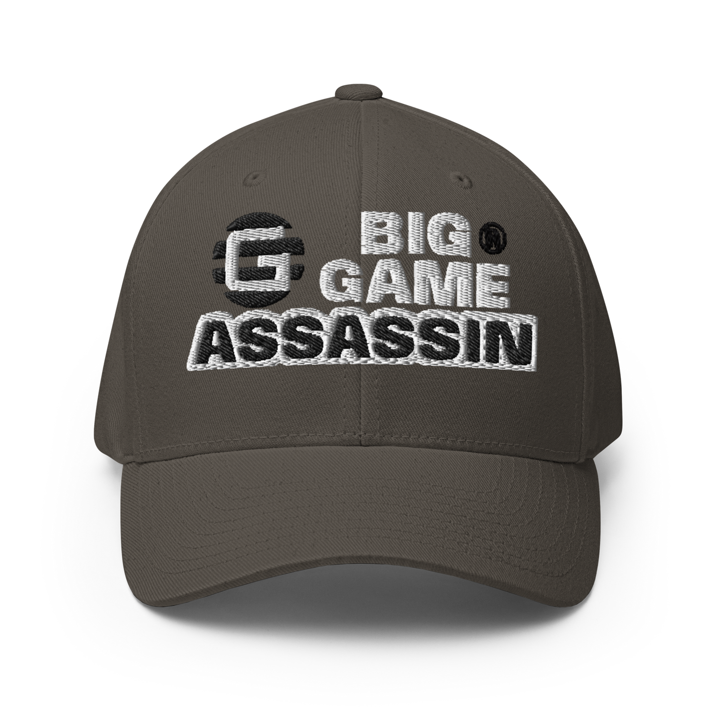 BIG GAME ASSASSIN® CLOSED BACK CAP (Red, Royal Blue, Camo, Dark Grey, Grey, Khaki). Sizes S/M and L/XL