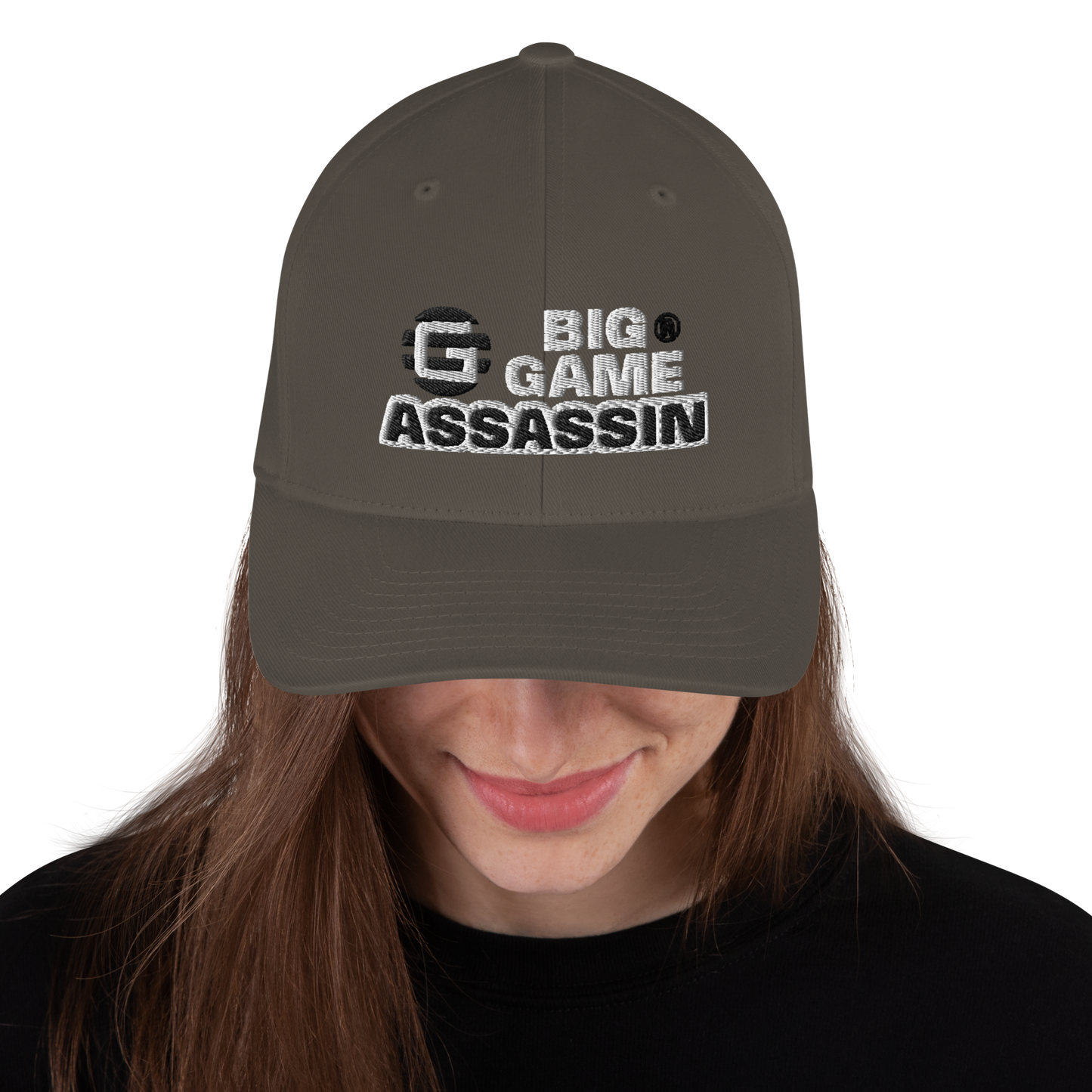 BIG GAME ASSASSIN® CLOSED BACK CAP (Red, Royal Blue, Camo, Dark Grey, Grey, Khaki). Sizes S/M and L/XL