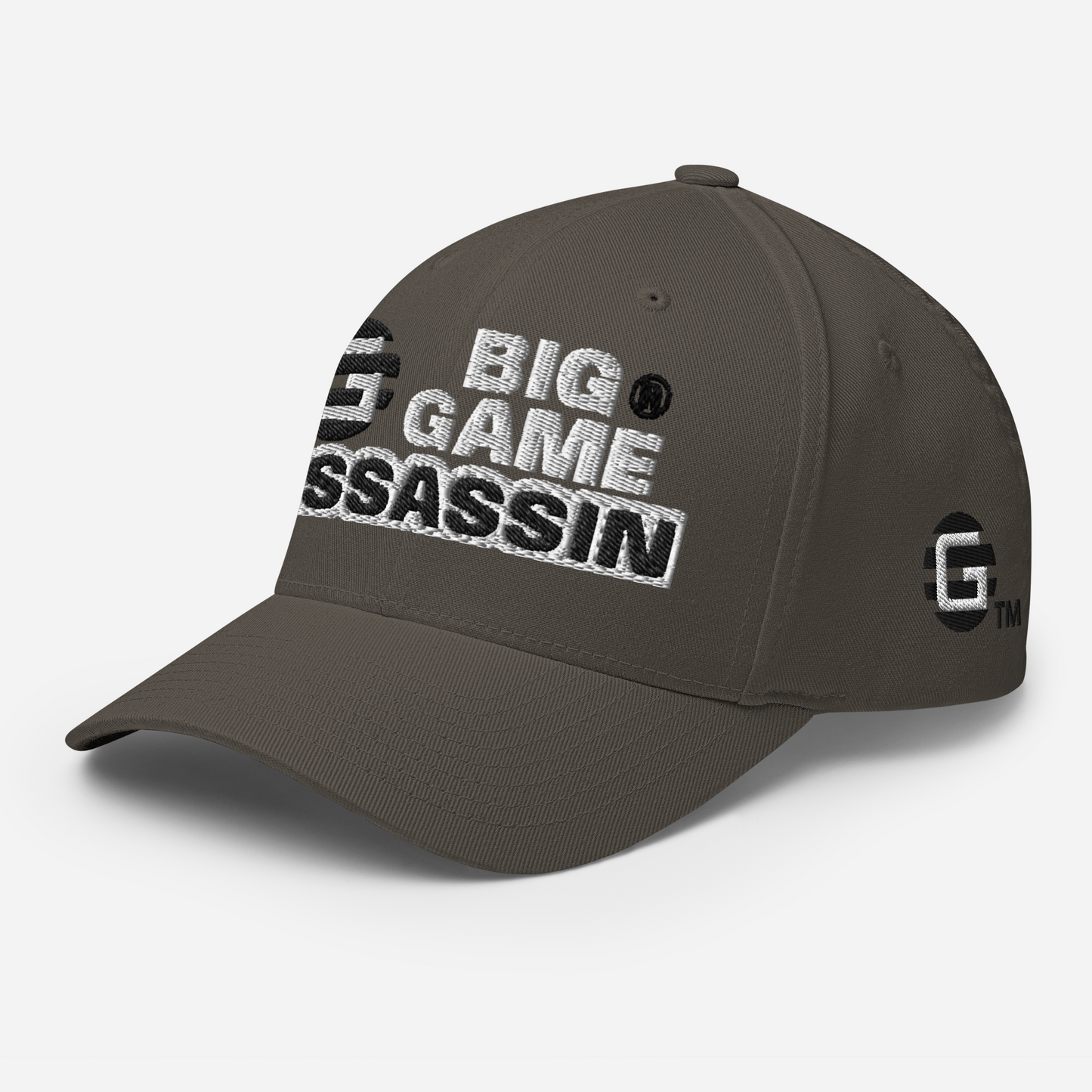 BIG GAME ASSASSIN® CLOSED BACK CAP (Red, Royal Blue, Camo, Dark Grey, Grey, Khaki). Sizes S/M and L/XL