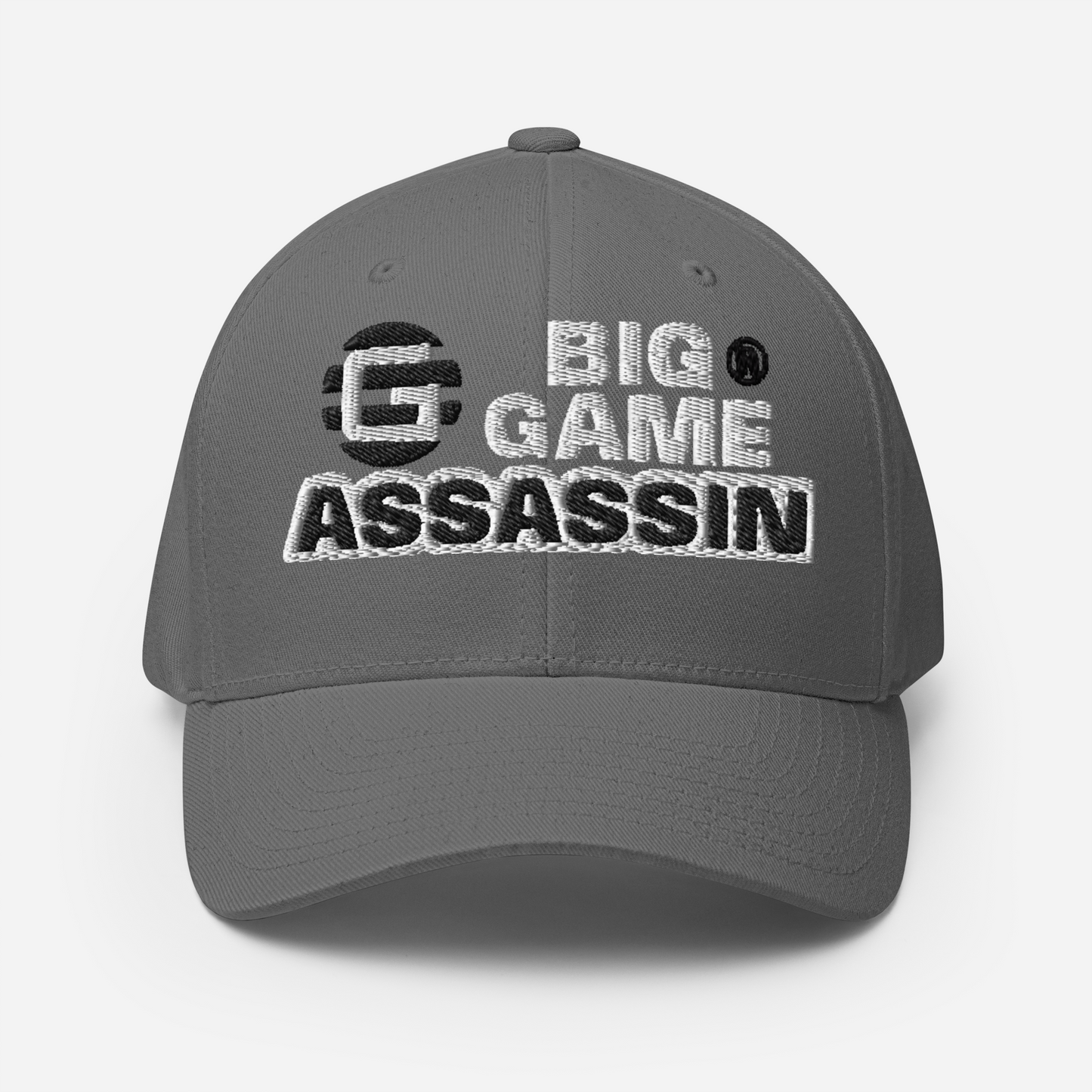 BIG GAME ASSASSIN® CLOSED BACK CAP (Red, Royal Blue, Camo, Dark Grey, Grey, Khaki). Sizes S/M and L/XL