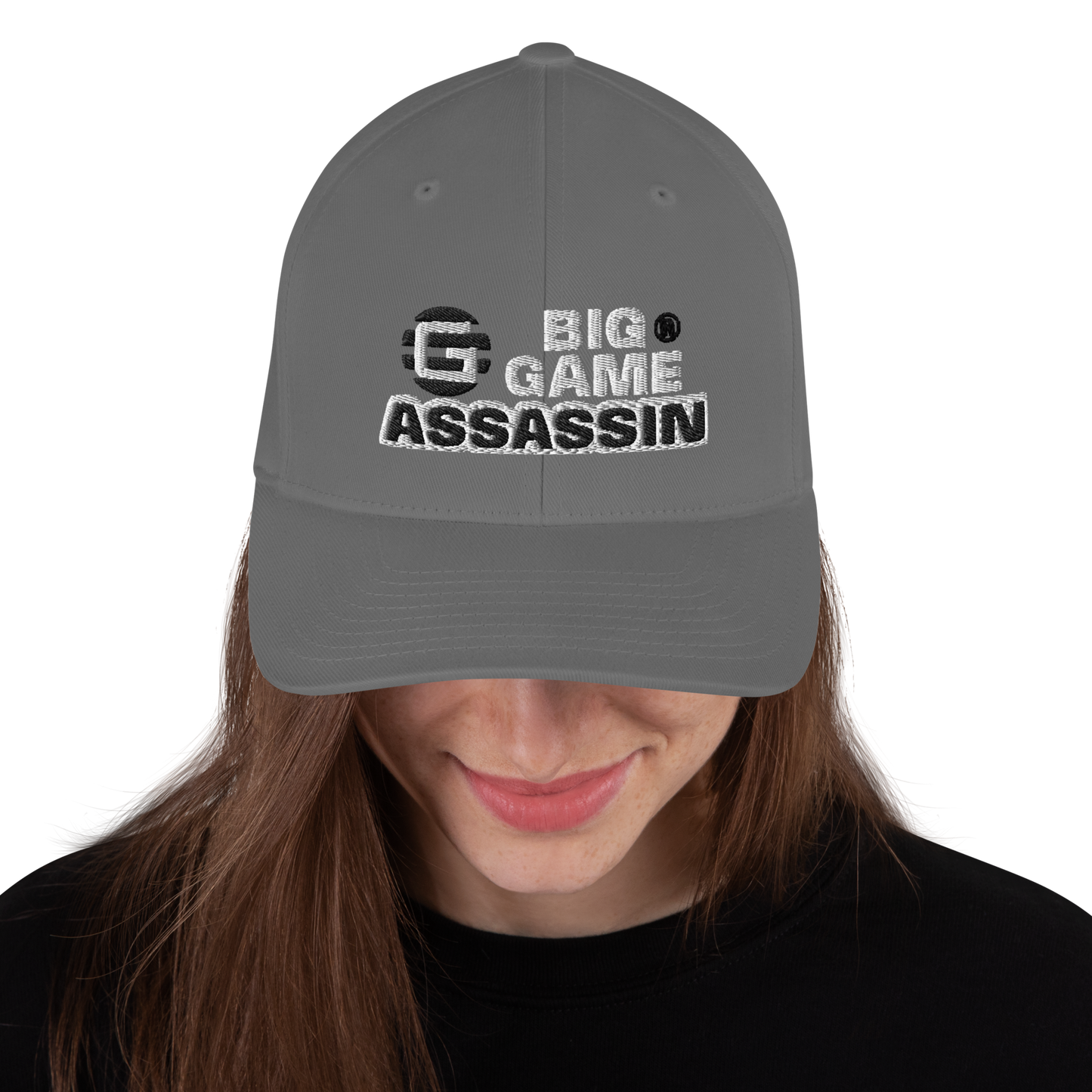 BIG GAME ASSASSIN® CLOSED BACK CAP (Red, Royal Blue, Camo, Dark Grey, Grey, Khaki). Sizes S/M and L/XL