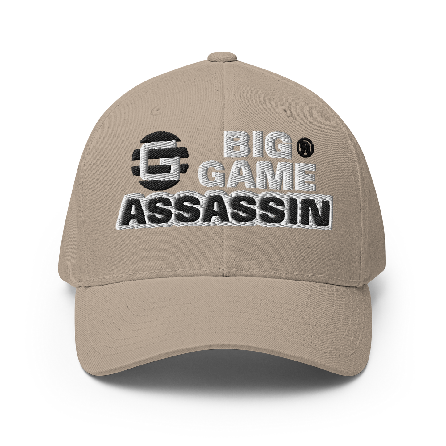 BIG GAME ASSASSIN® CLOSED BACK CAP (Red, Royal Blue, Camo, Dark Grey, Grey, Khaki). Sizes S/M and L/XL
