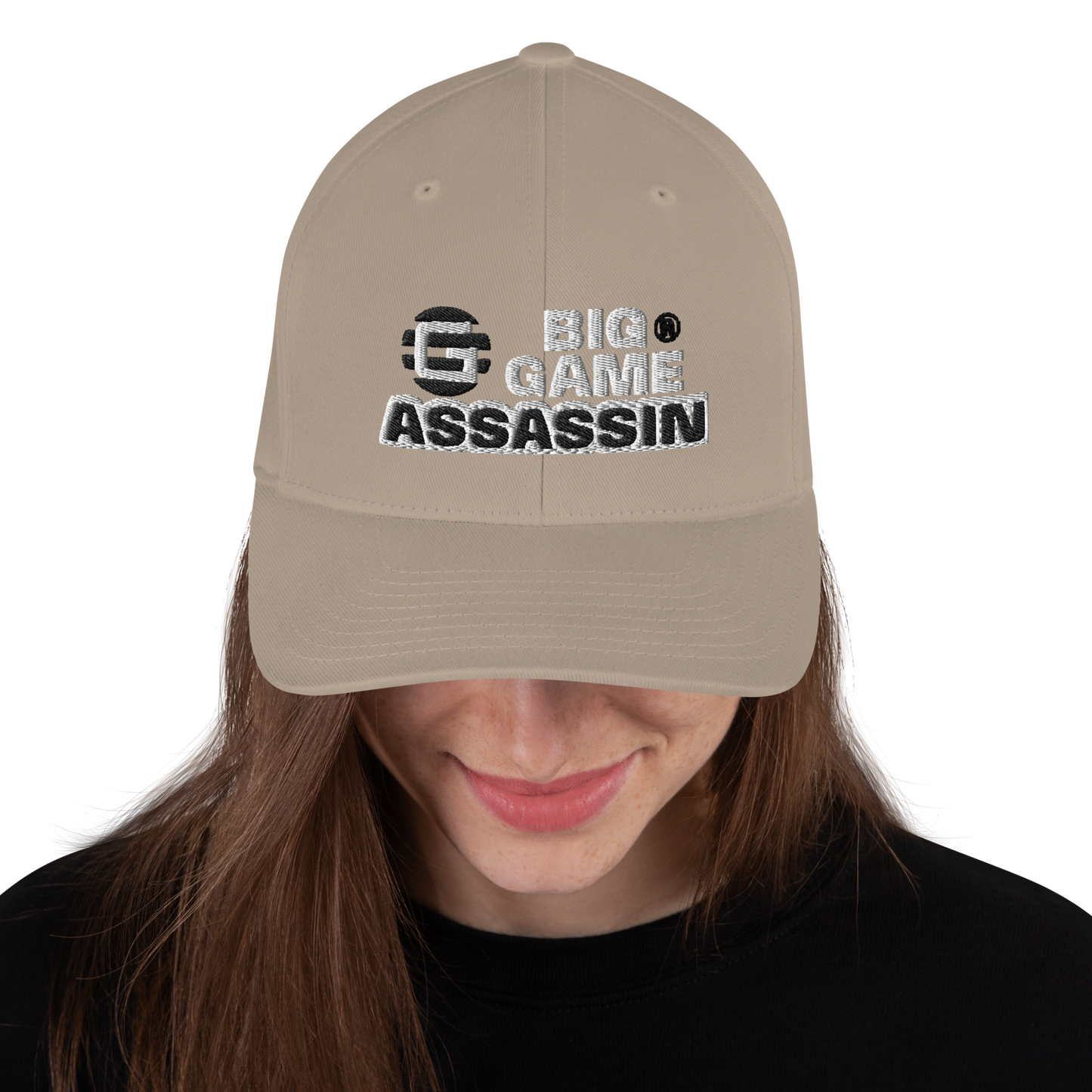 BIG GAME ASSASSIN® CLOSED BACK CAP (Red, Royal Blue, Camo, Dark Grey, Grey, Khaki). Sizes S/M and L/XL