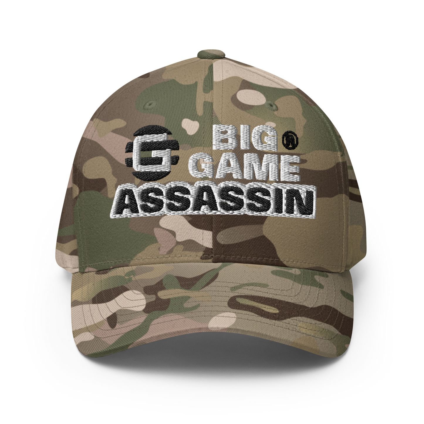 BIG GAME ASSASSIN® CLOSED BACK CAP (Red, Royal Blue, Camo, Dark Grey, Grey, Khaki). Sizes S/M and L/XL