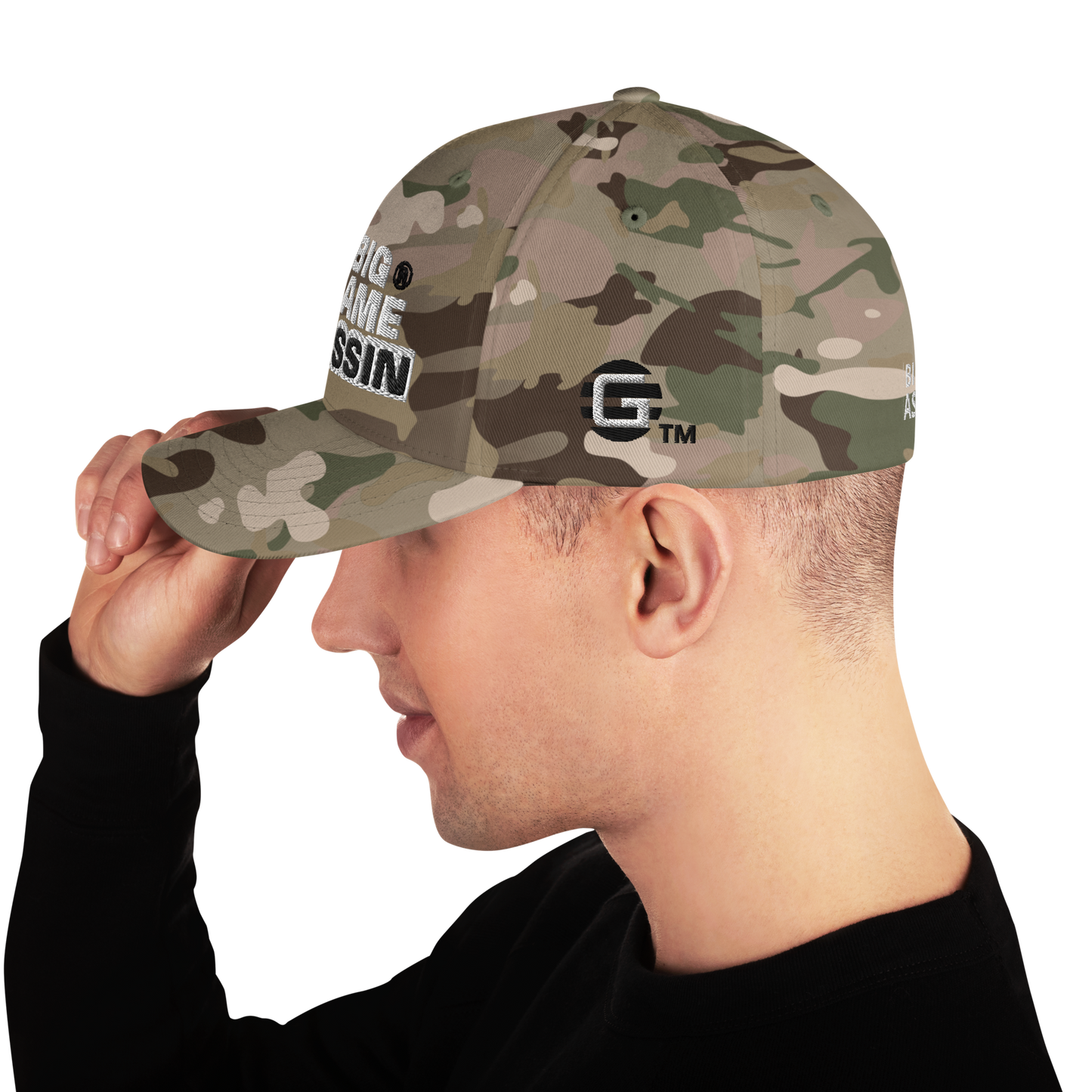 BIG GAME ASSASSIN® CLOSED BACK CAP (Red, Royal Blue, Camo, Dark Grey, Grey, Khaki). Sizes S/M and L/XL