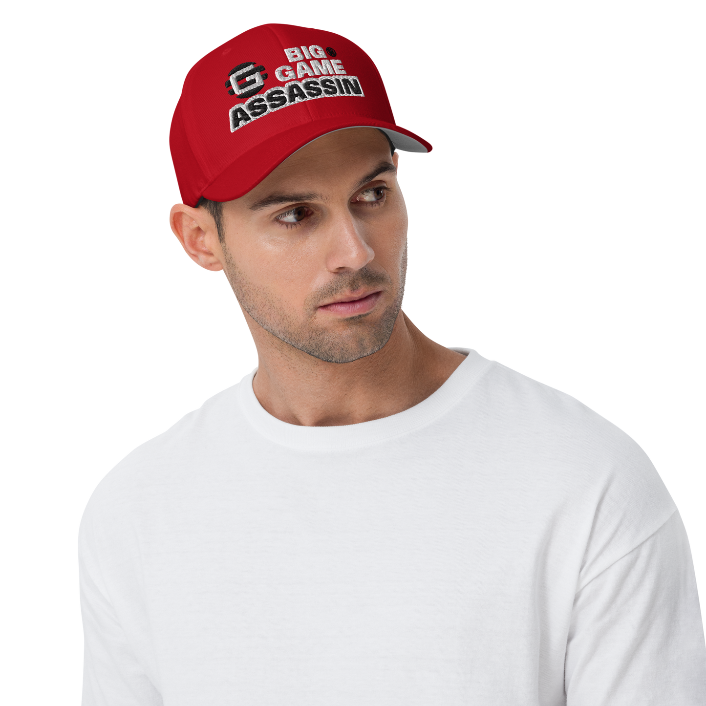 BIG GAME ASSASSIN® CLOSED BACK CAP (Red, Royal Blue, Camo, Dark Grey, Grey, Khaki). Sizes S/M and L/XL