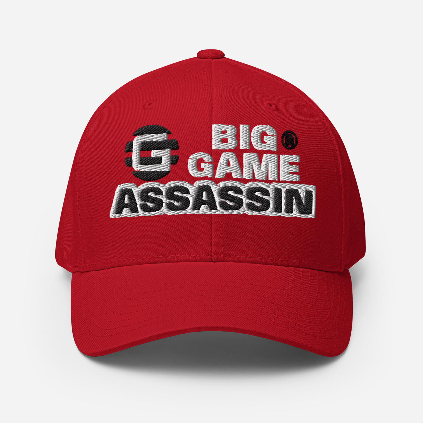 BIG GAME ASSASSIN® CLOSED BACK CAP (Red, Royal Blue, Camo, Dark Grey, Grey, Khaki). Sizes S/M and L/XL