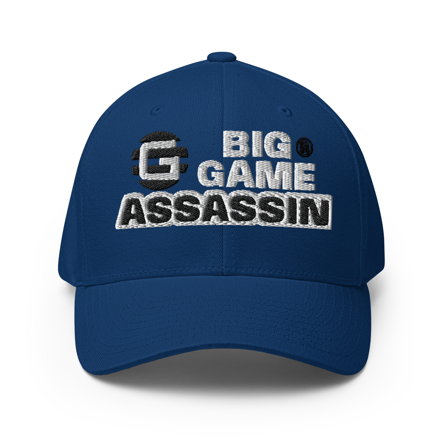 BIG GAME ASSASSIN® CLOSED BACK CAP (Red, Royal Blue, Camo, Dark Grey, Grey, Khaki). Sizes S/M and L/XL