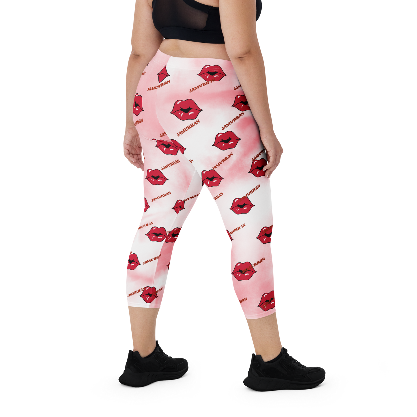 JAMURBAN "LIPZ SMACKAZ" Capri Leggings (Pink tie dye). Sizes XS - XL.